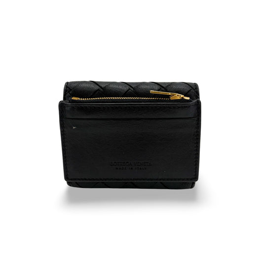 Bottega Veneta Intrecciato Tiny Triple Fold Wallet Black with Gold Hardware