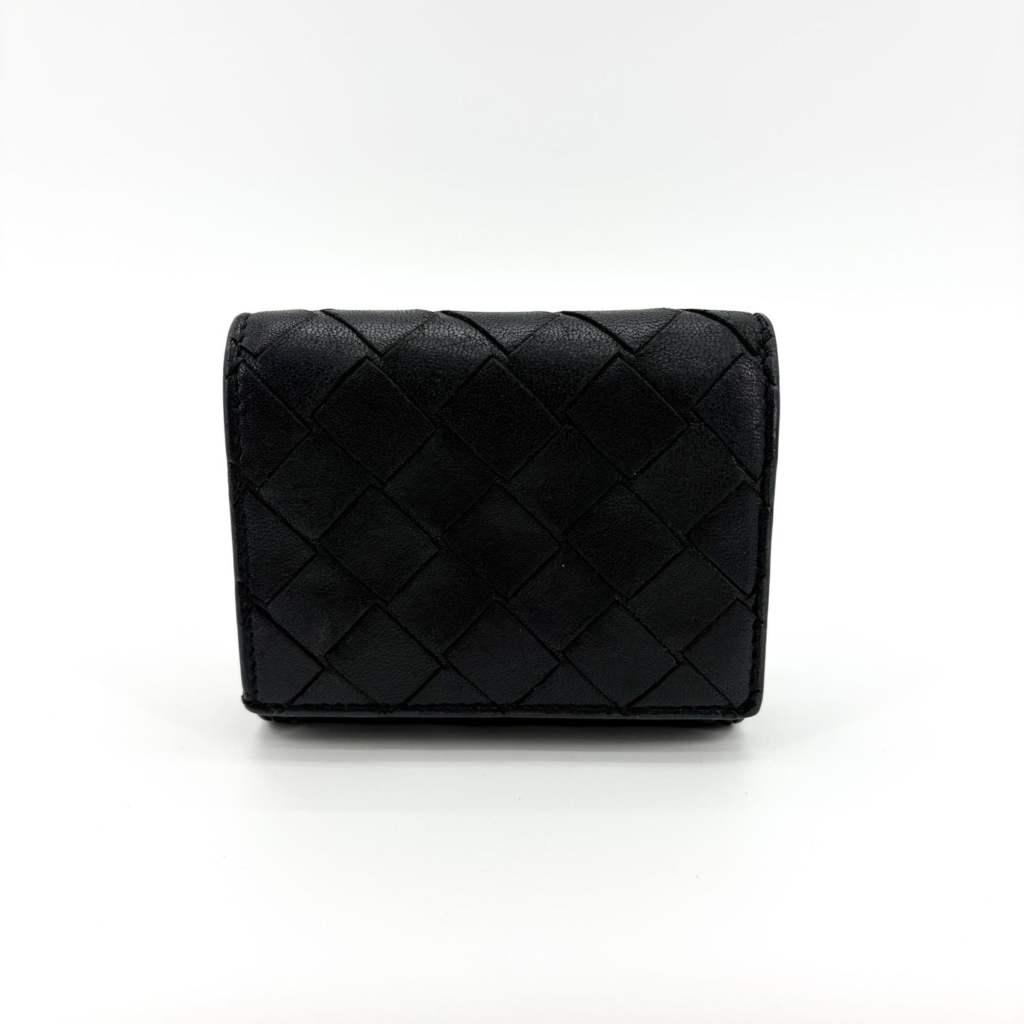 Bottega Veneta Intrecciato Tiny Triple Fold Wallet Black with Gold Hardware
