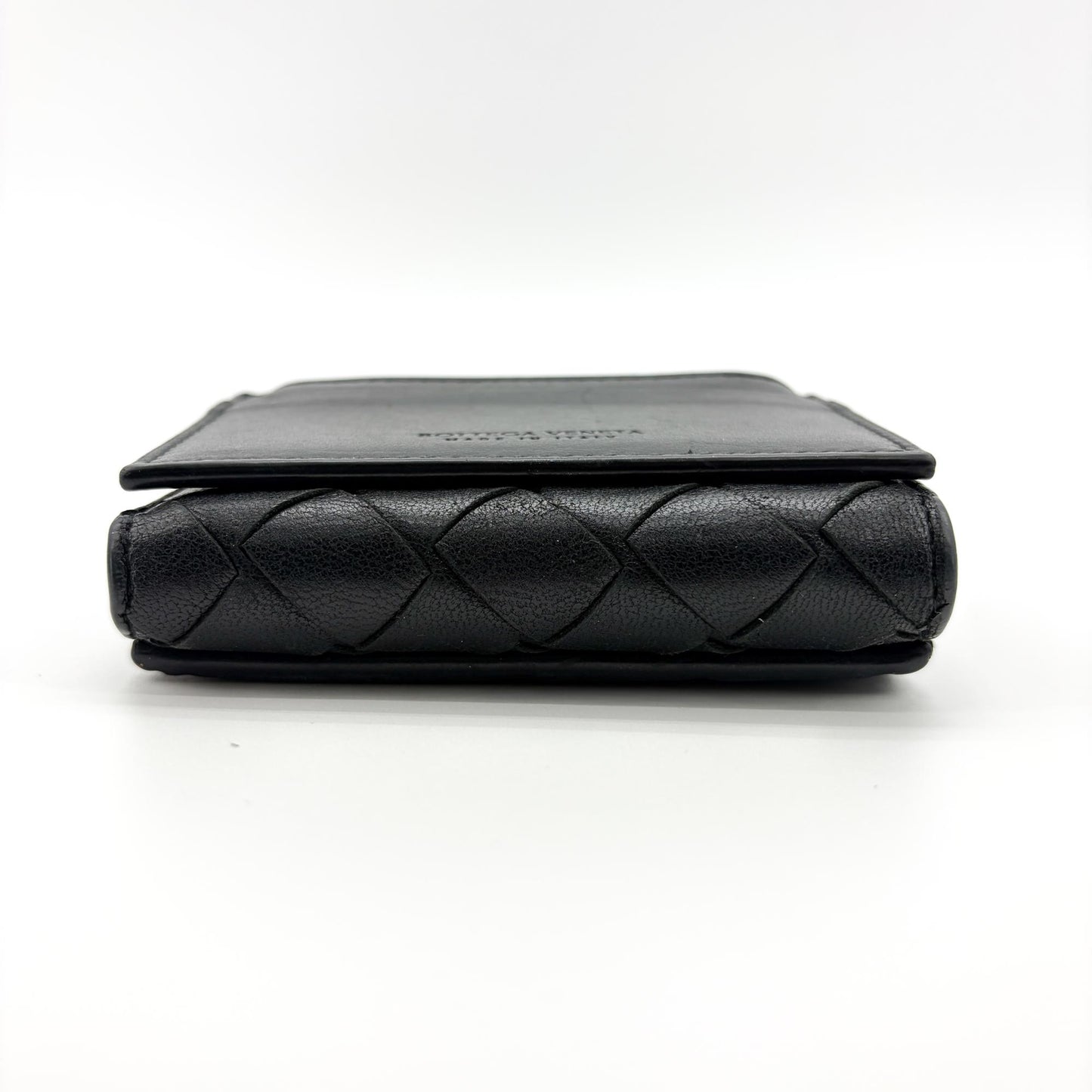 Bottega Veneta Intrecciato Tiny Triple Fold Wallet Black with Gold Hardware