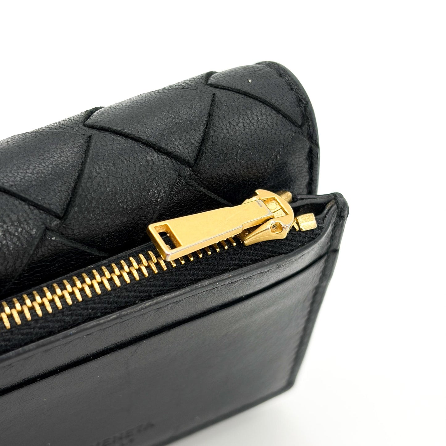 Bottega Veneta Intrecciato Tiny Triple Fold Wallet Black with Gold Hardware