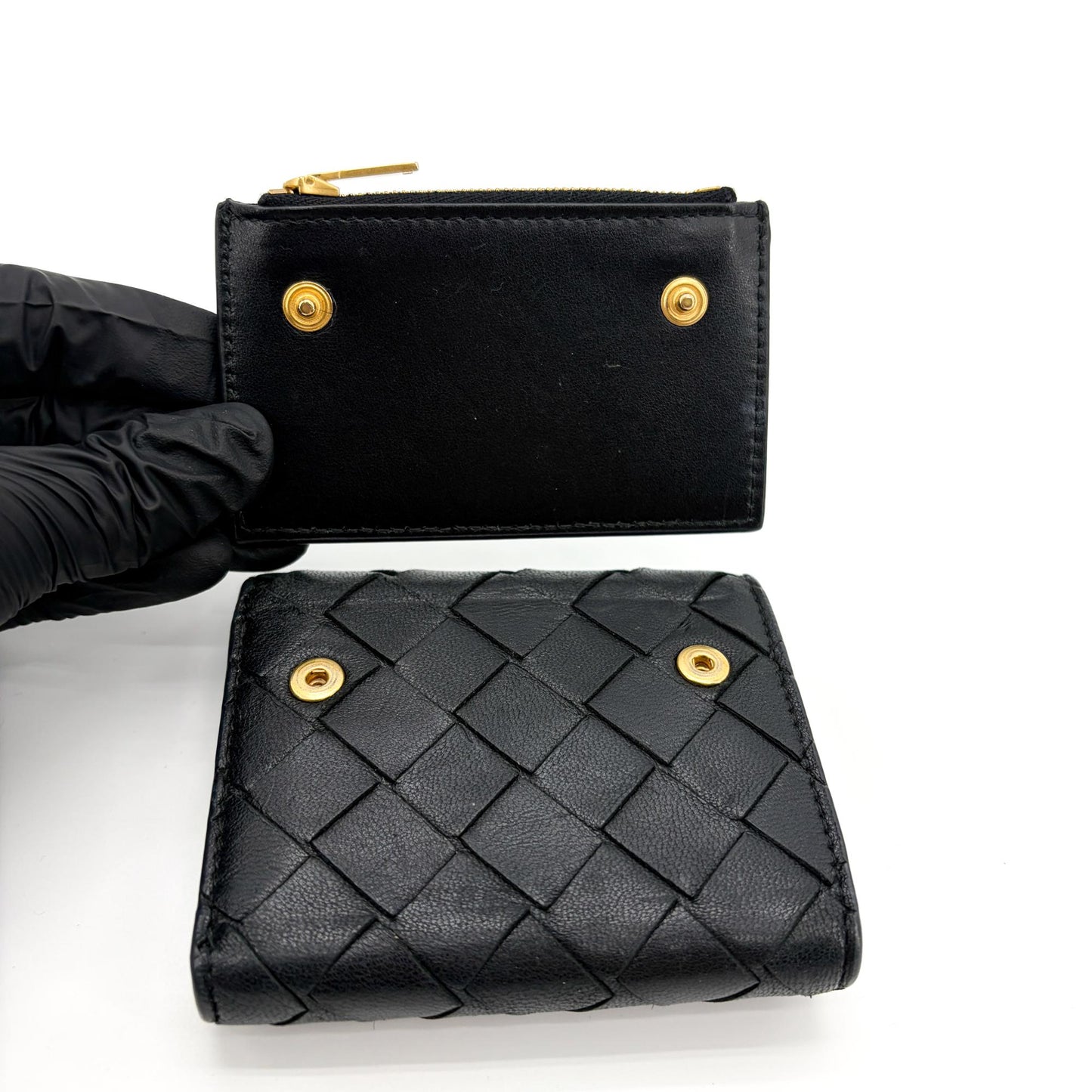 Bottega Veneta Intrecciato Tiny Triple Fold Wallet Black with Gold Hardware