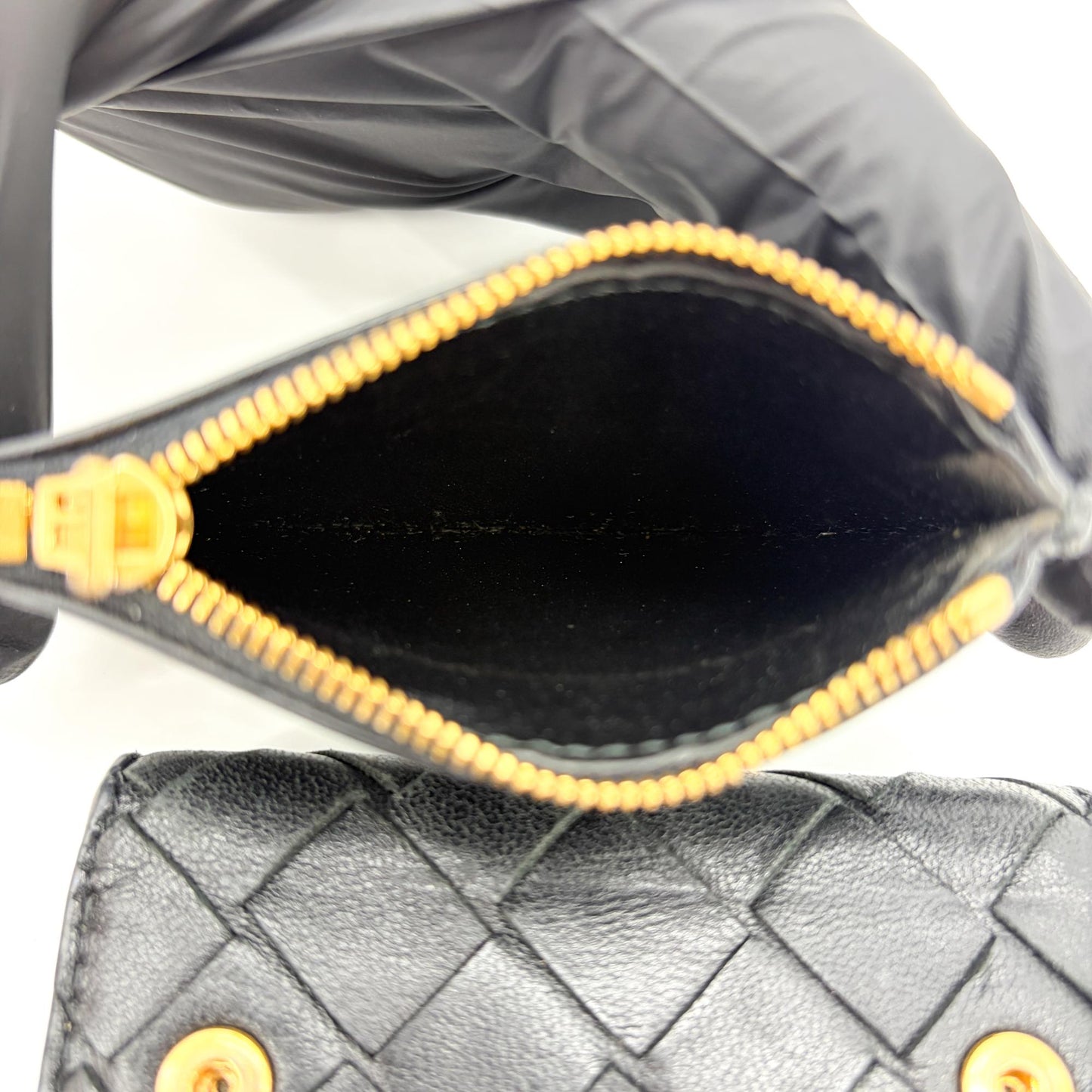 Bottega Veneta Intrecciato Tiny Triple Fold Wallet Black with Gold Hardware