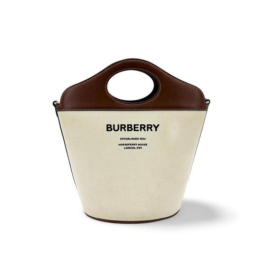 Burberry Small Canvas Leather Horseferry Print Pocket Bucket Bag Tan Natural