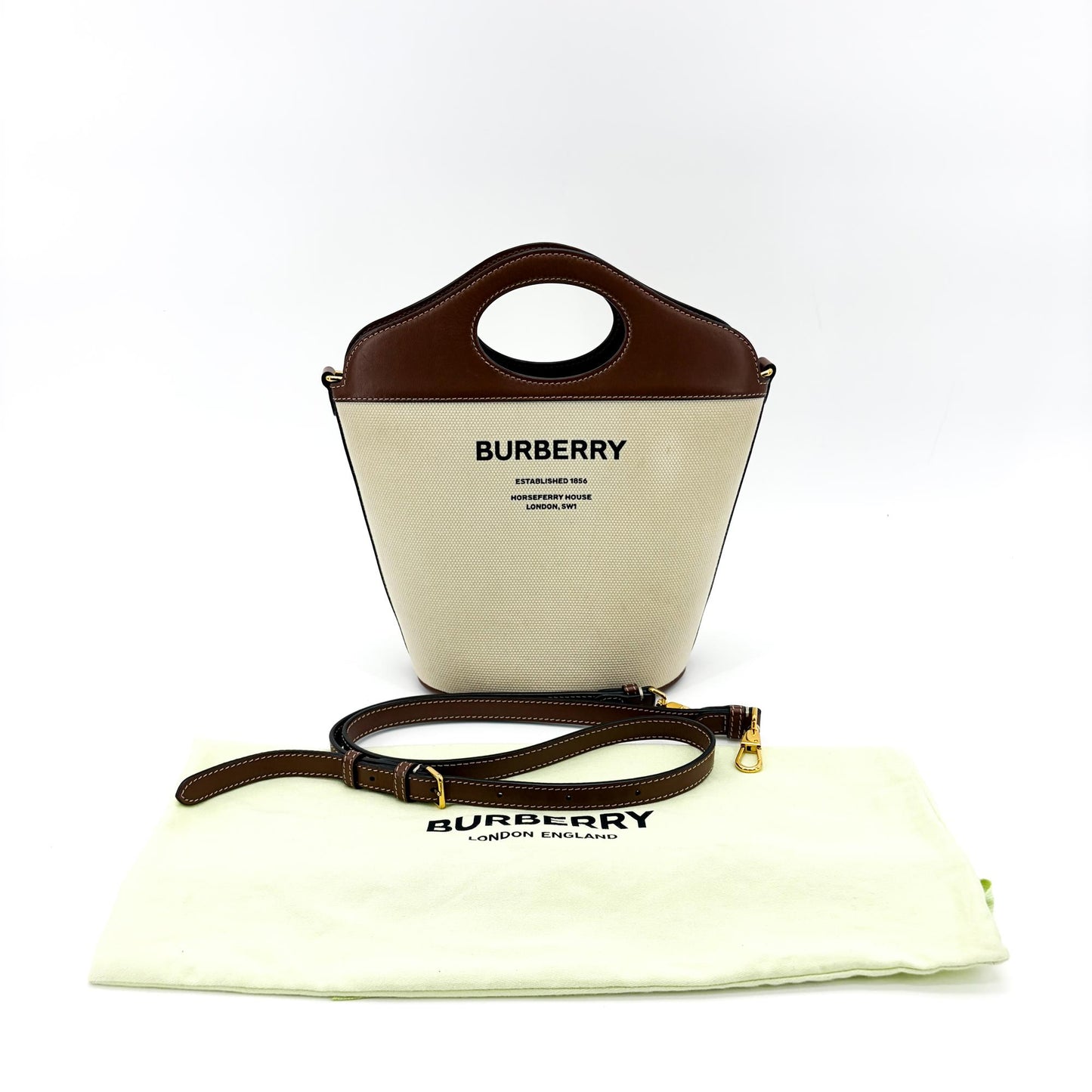 Burberry Small Canvas Leather Horseferry Print Pocket Bucket Bag Tan Natural