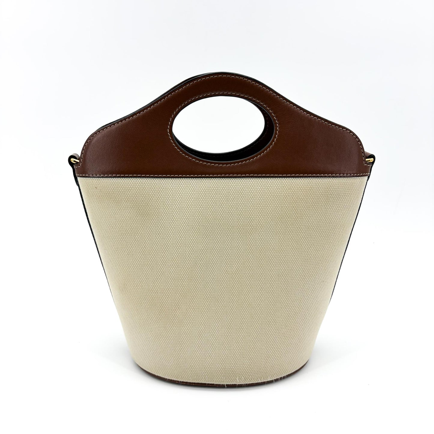 Burberry Small Canvas Leather Horseferry Print Pocket Bucket Bag Tan Natural