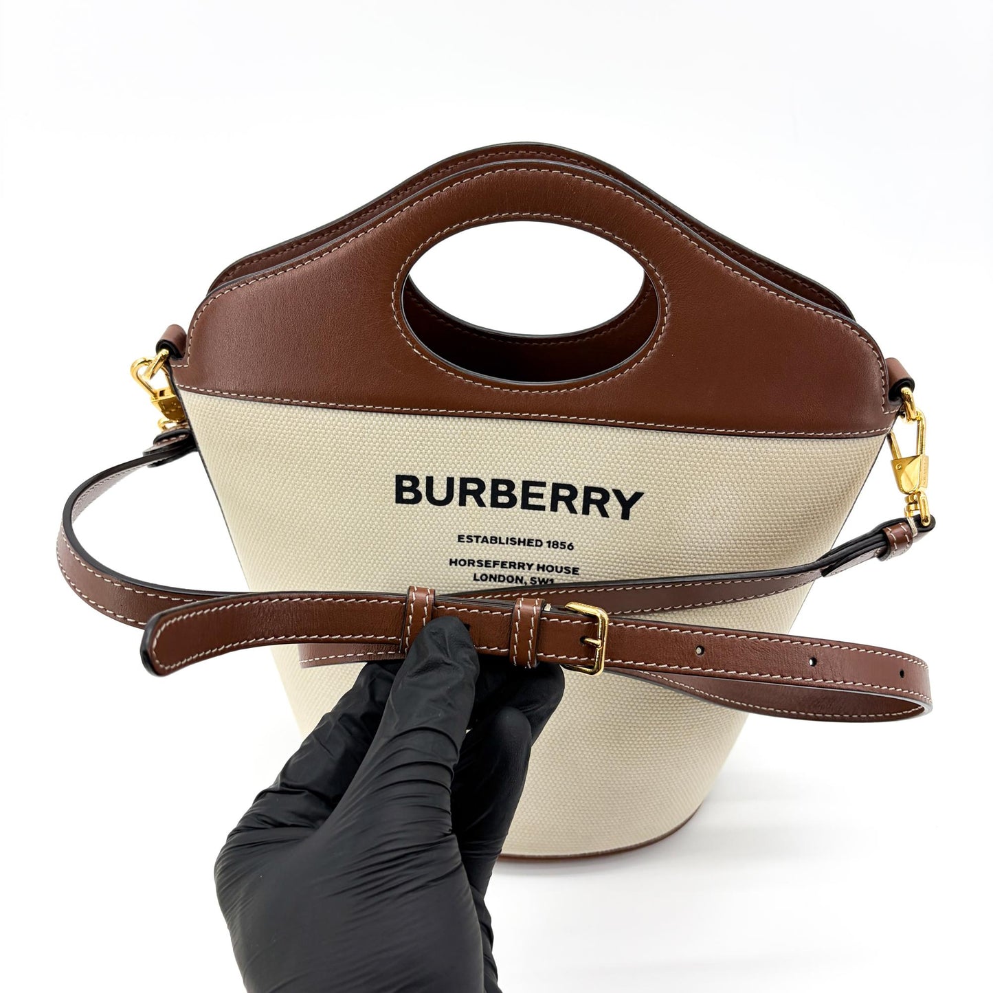 Burberry Small Canvas Leather Horseferry Print Pocket Bucket Bag Tan Natural