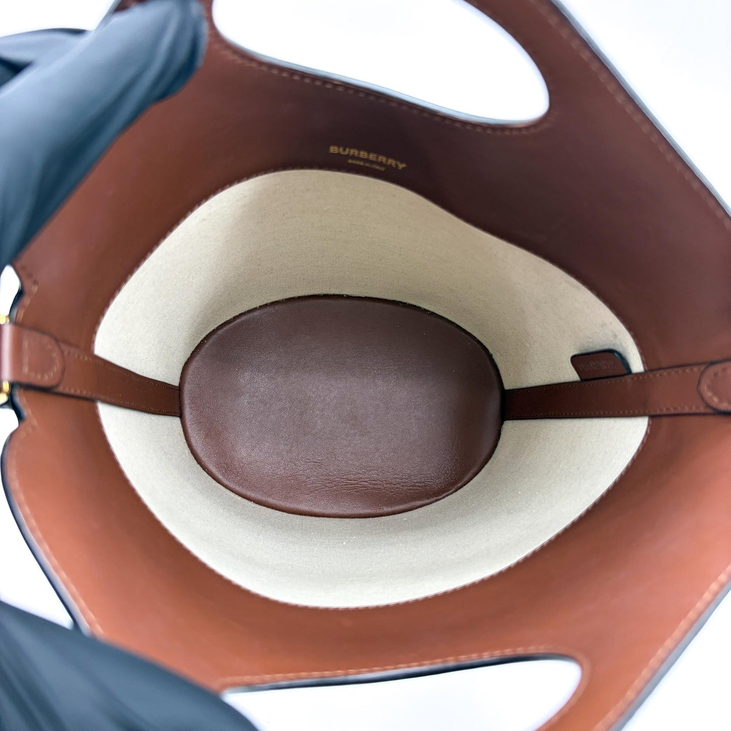 Burberry Small Canvas Leather Horseferry Print Pocket Bucket Bag Tan Natural