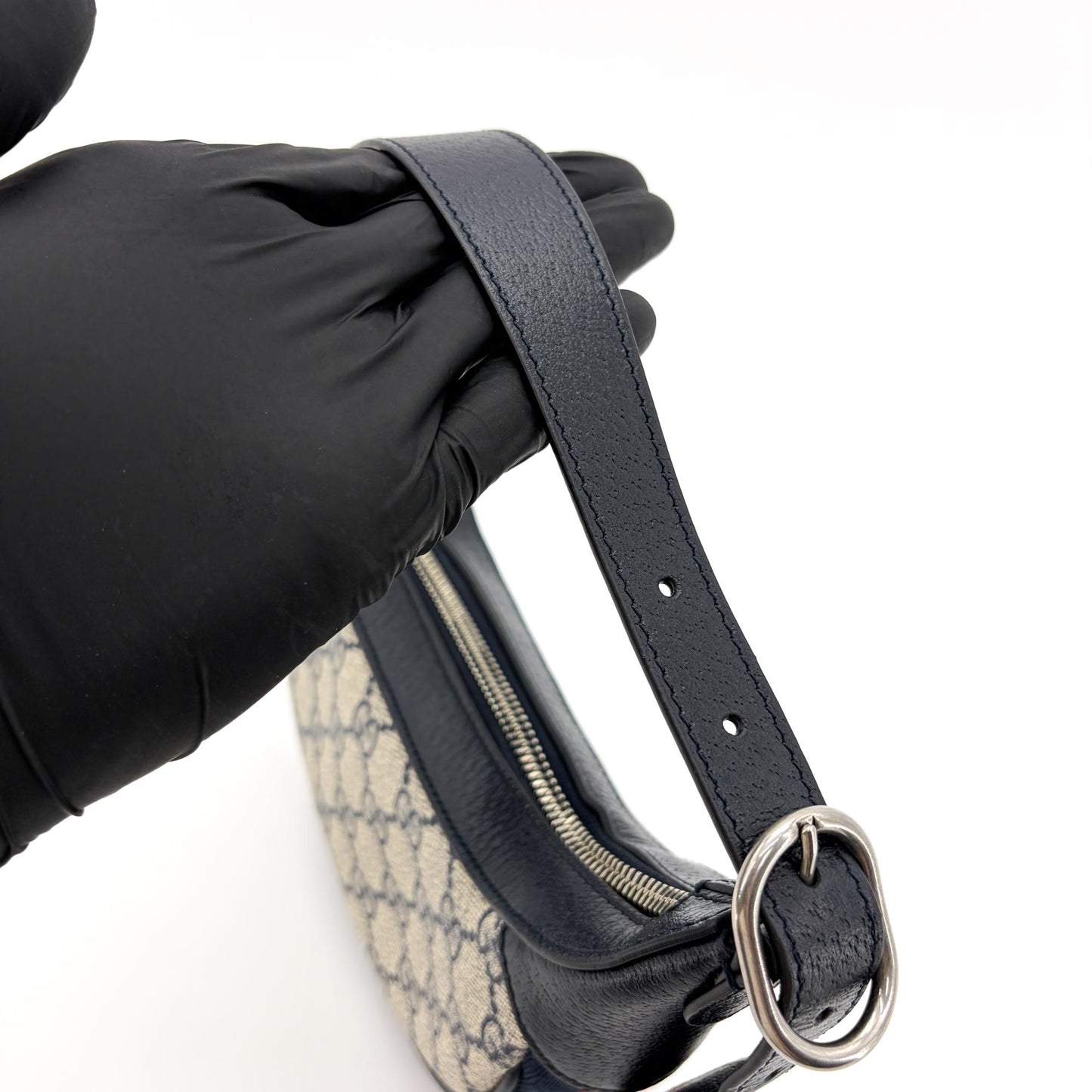 Gucci Ophidia Small GG Supreme Half Moon Shoulder Bag Blue Ivory