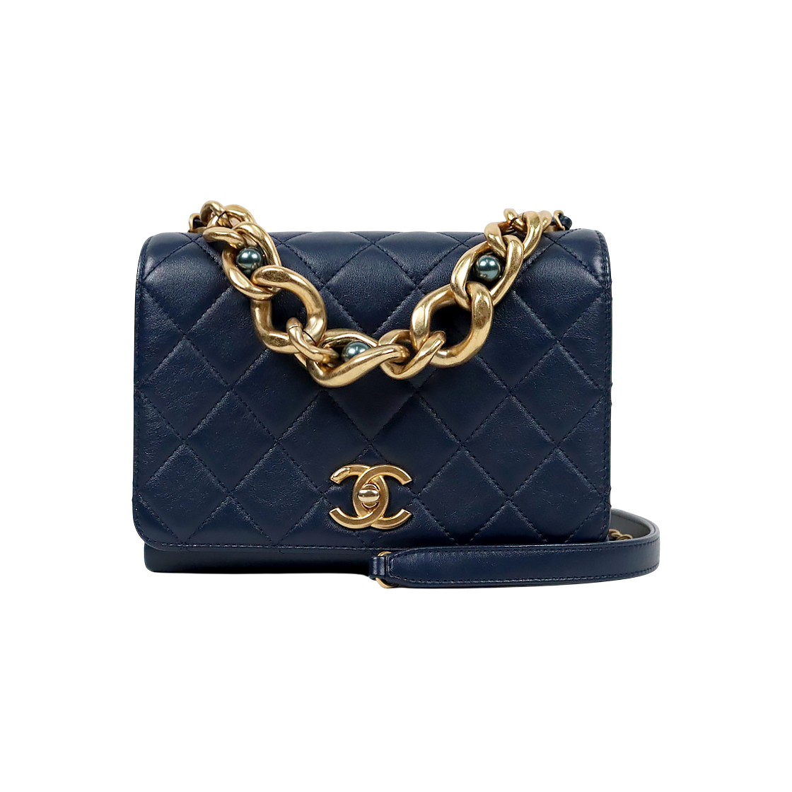 Chanel Navy Quilted CC Flap Chain Shoulder Bag with Built-in Chip