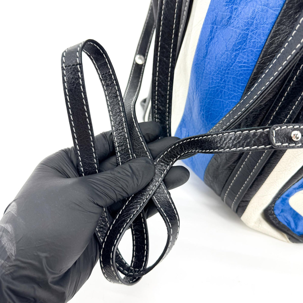 バレンシアガ バザール ショッパーバッグ XS ブラック ホワイト ブルー ストライプ