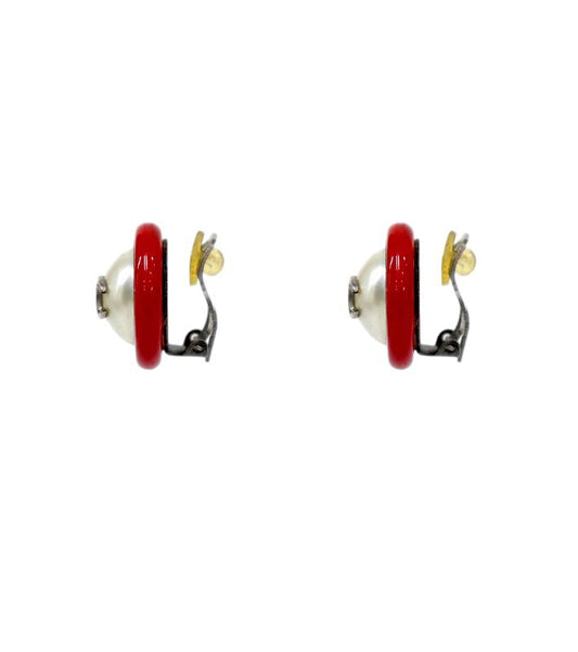 Chanel Red Pearl CC Earrings