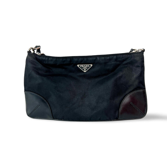 Prada Tessuto Nylon Leather Corner Shoulder Bag Black