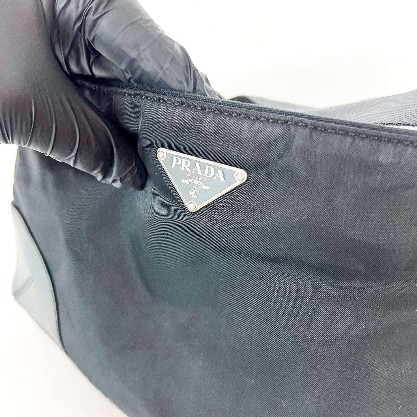 Prada Tessuto Nylon Leather Corner Shoulder Bag Black