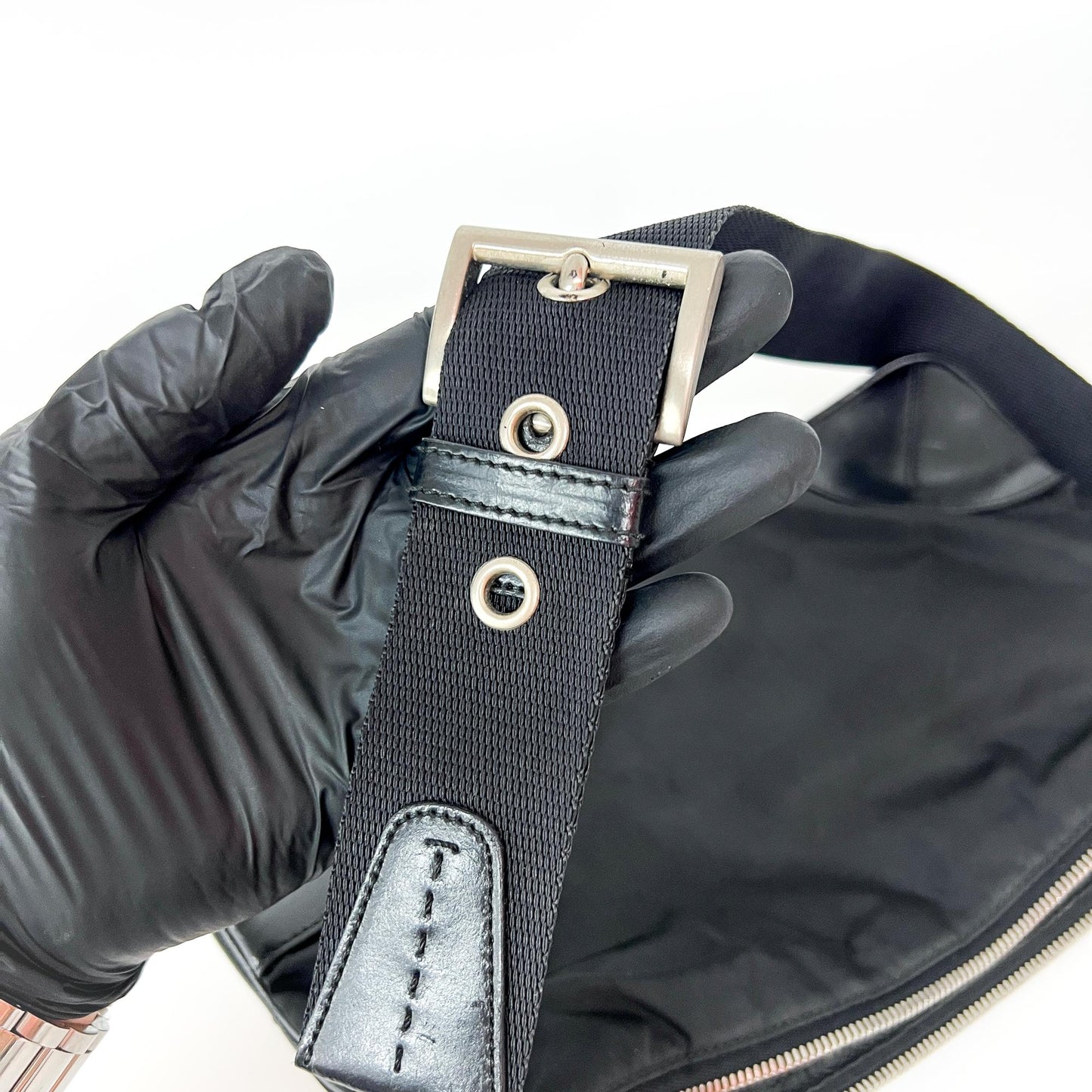 Prada Tessuto Nylon Leather Corner Shoulder Bag Black