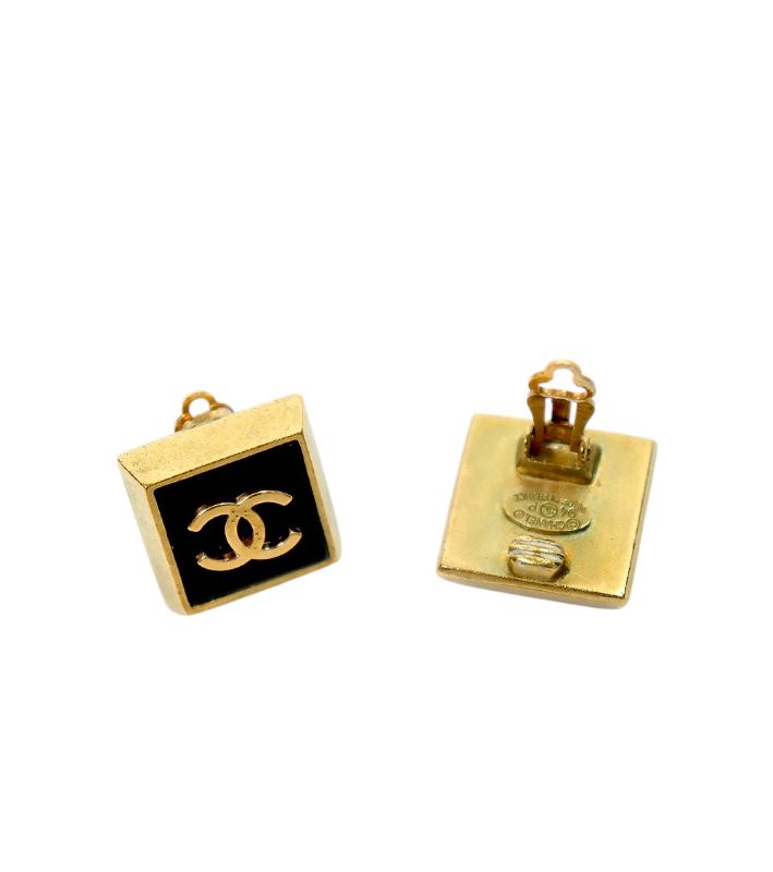 Chanel Black Square CC Gold Earrings