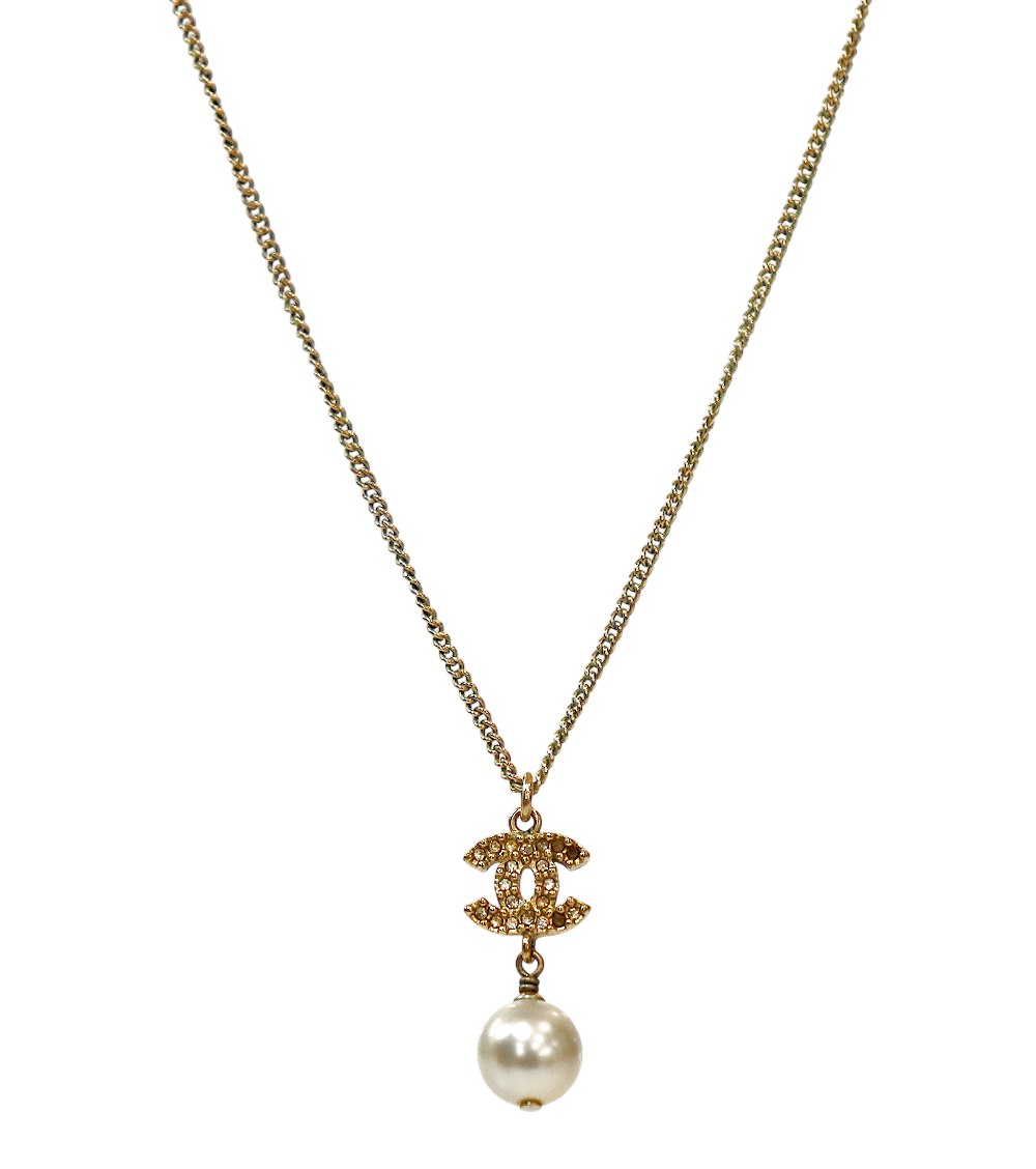 Chanel Pearl Drop CC Gold Necklace