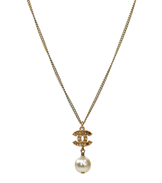 Chanel Pearl Drop CC Gold Necklace