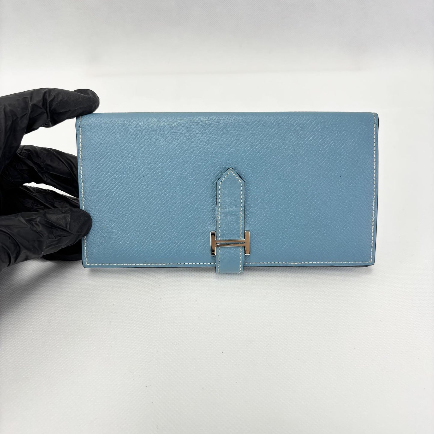 Hermès Beane Long Wallet Epsom & Palladium Hardware Blue France P Stamp