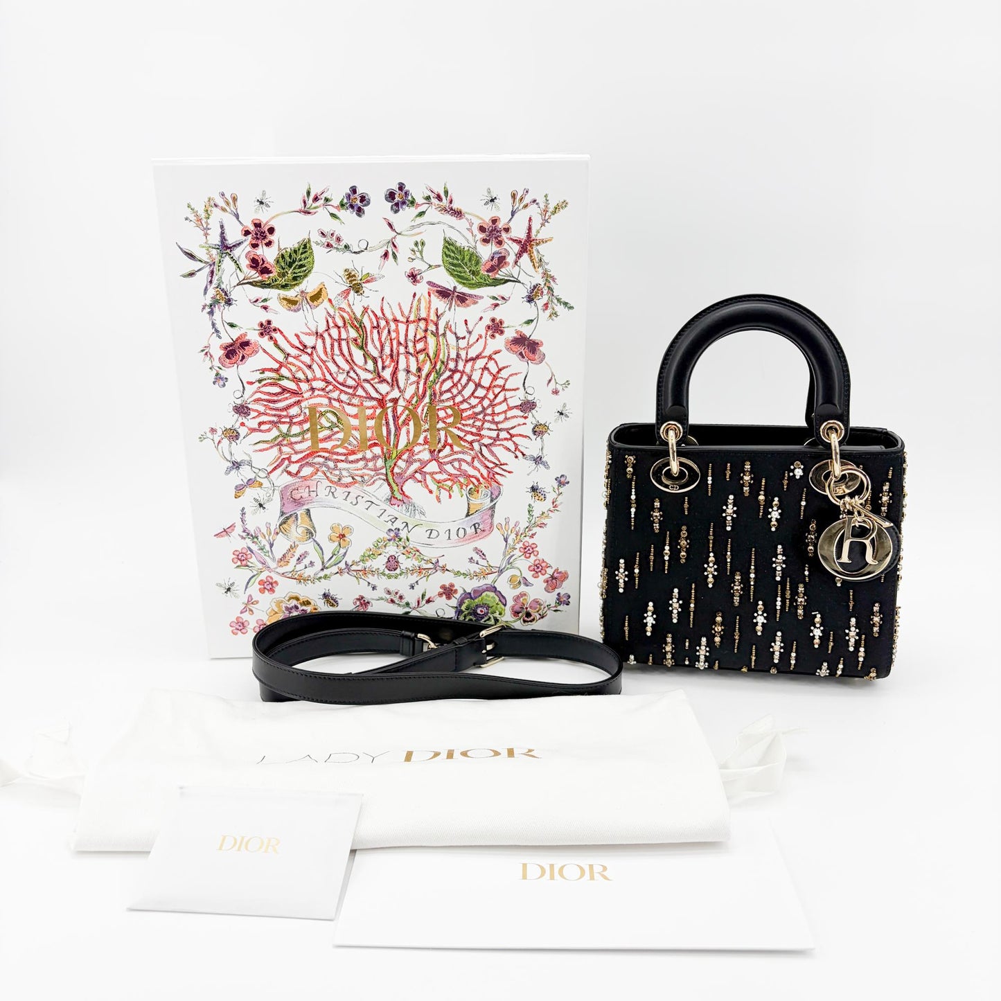 Dior Mini Lady Dior Bag in black satin and bead embroidery