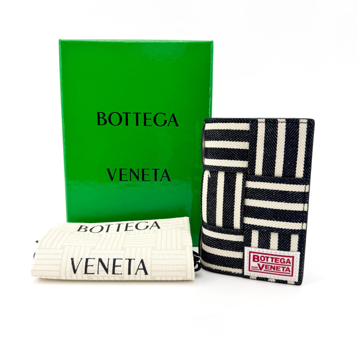 Bottega Veneta Intrecciato Stripe Denim Foldable Card Case Black White