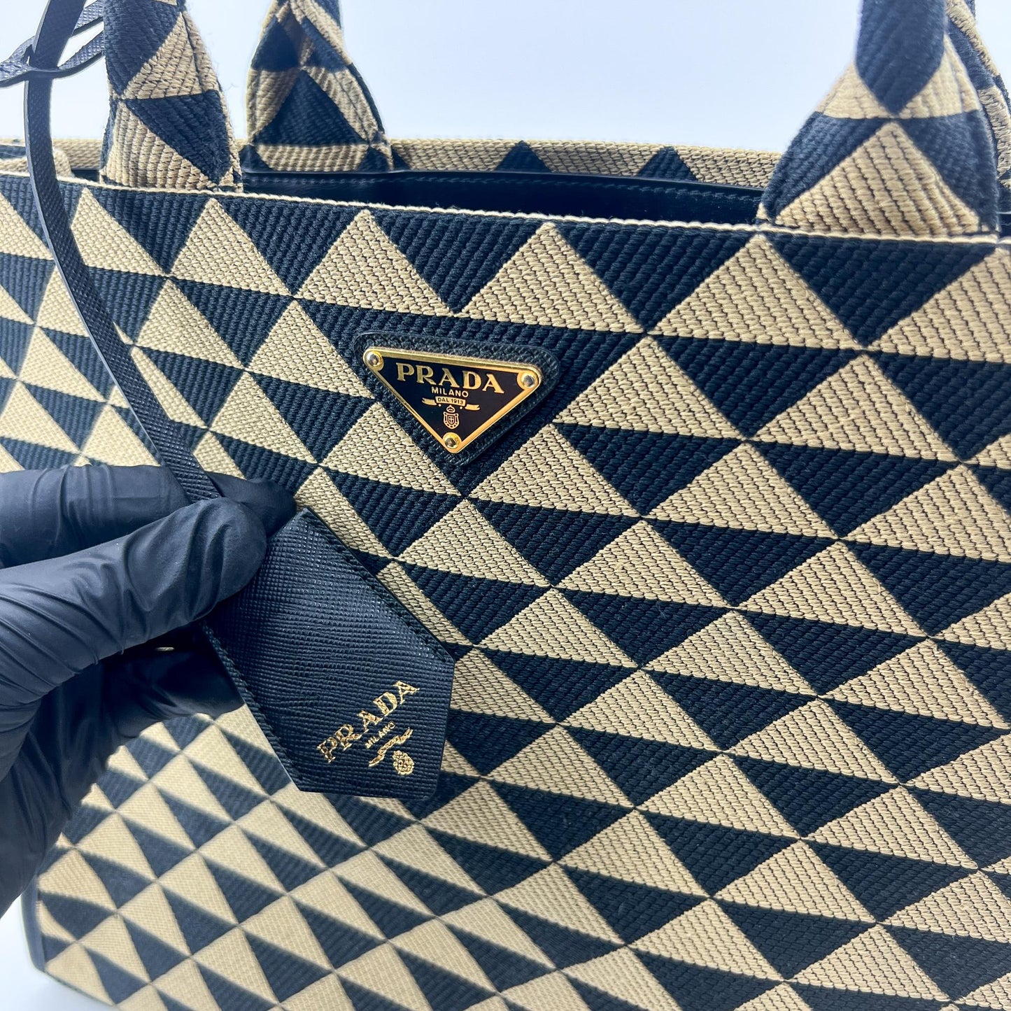 Prada Symbol Embroidered Fabric Large Tote Bag Black Beige