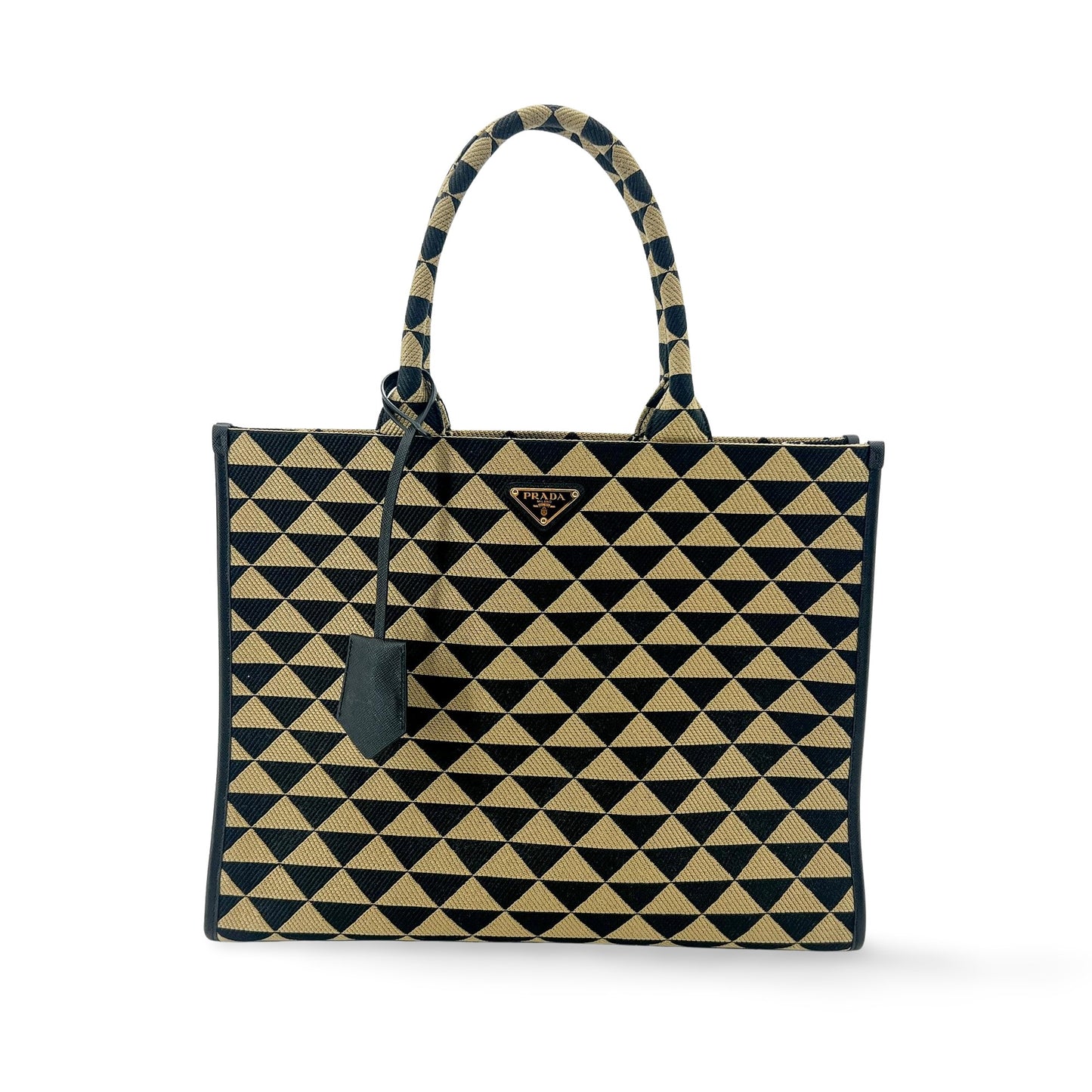 Prada Symbol Embroidered Fabric Large Tote Bag Black Beige