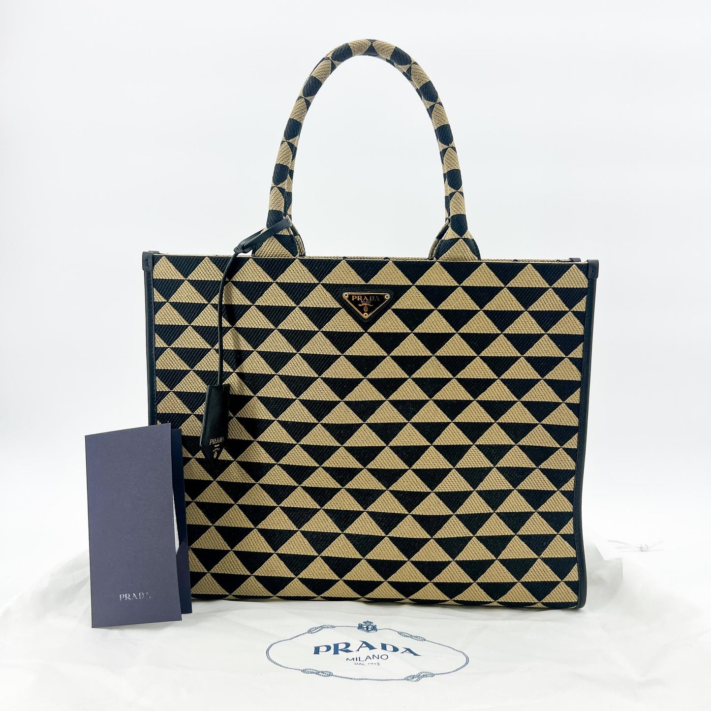 Prada Symbol Embroidered Fabric Large Tote Bag Black Beige