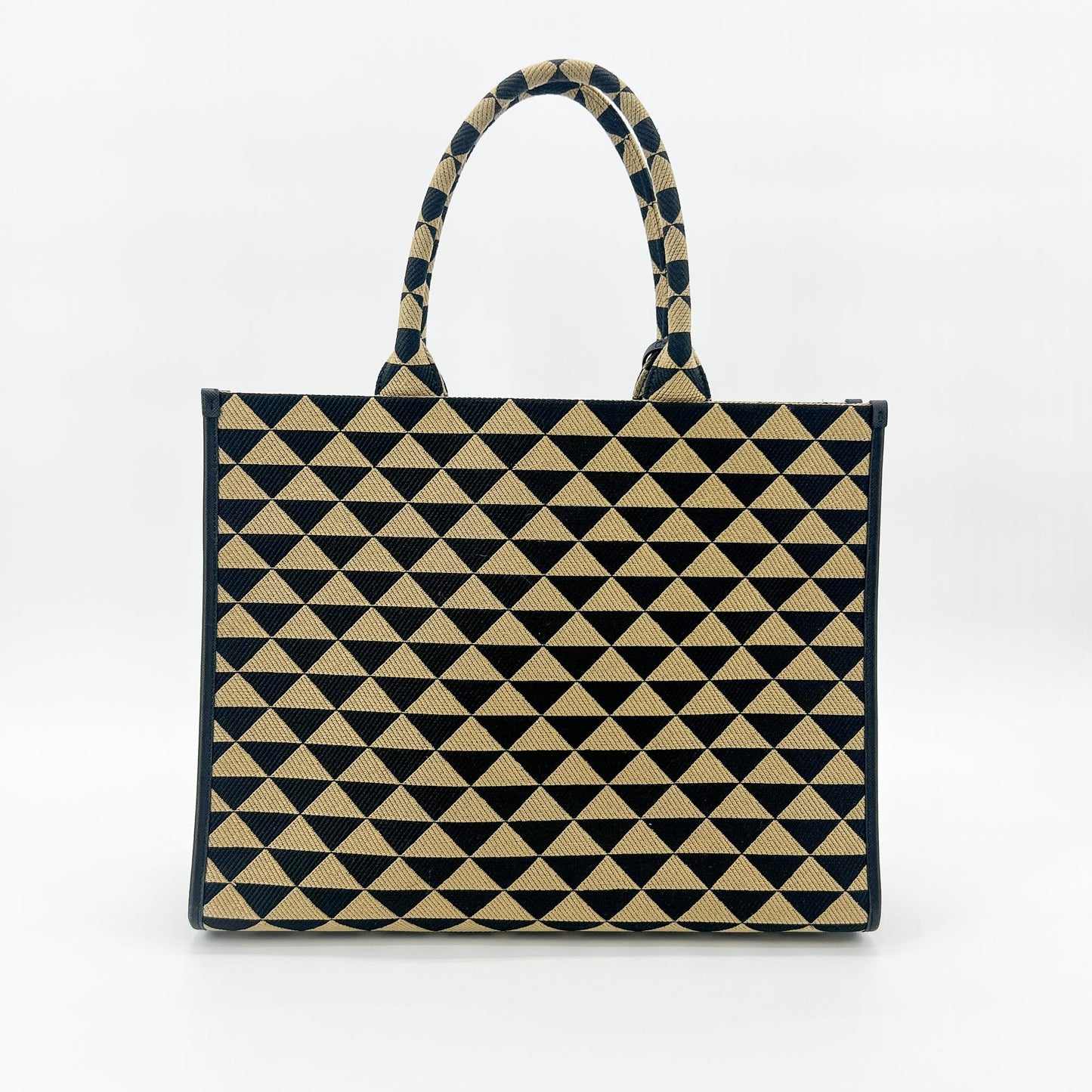 Prada Symbol Embroidered Fabric Large Tote Bag Black Beige