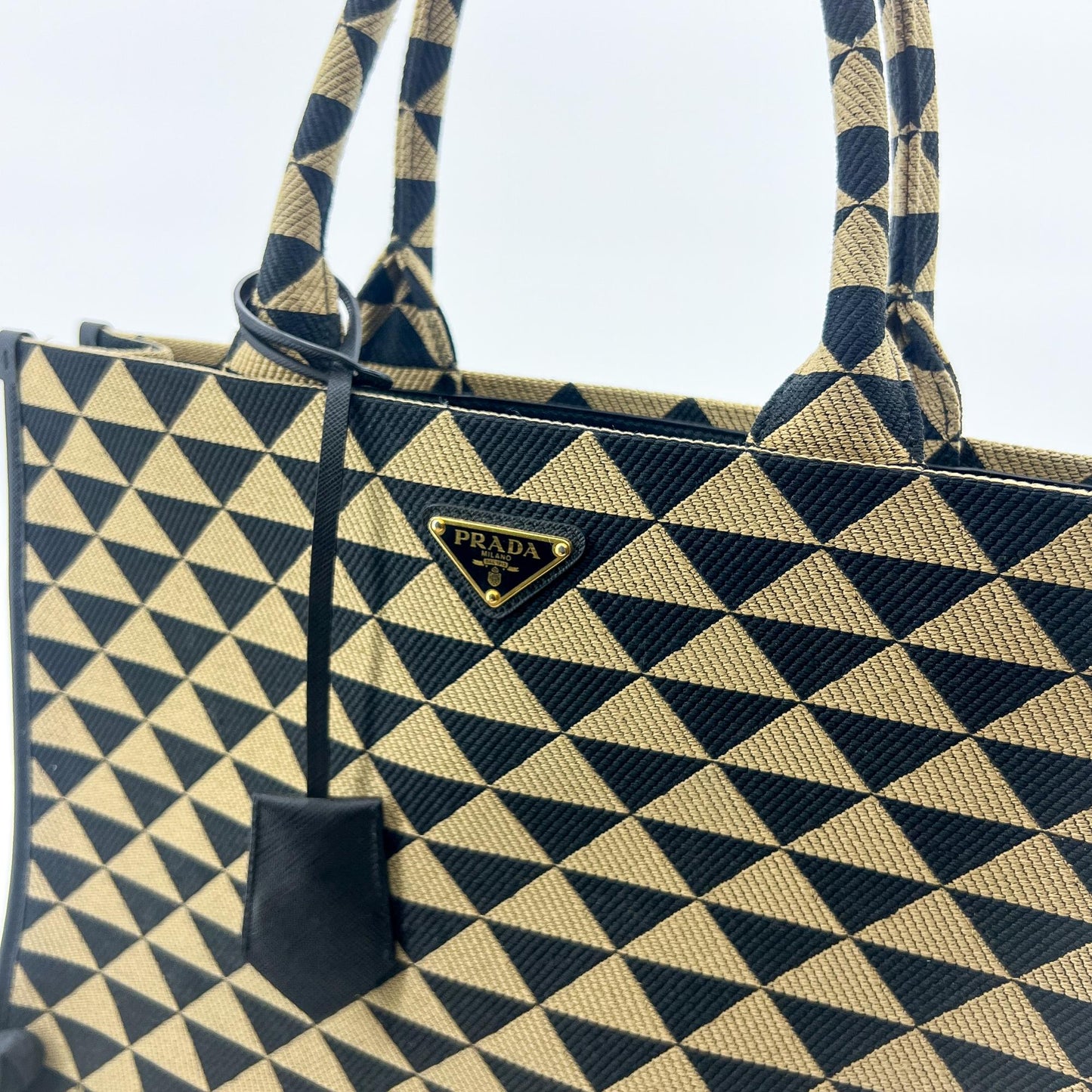 Prada Symbol Embroidered Fabric Large Tote Bag Black Beige