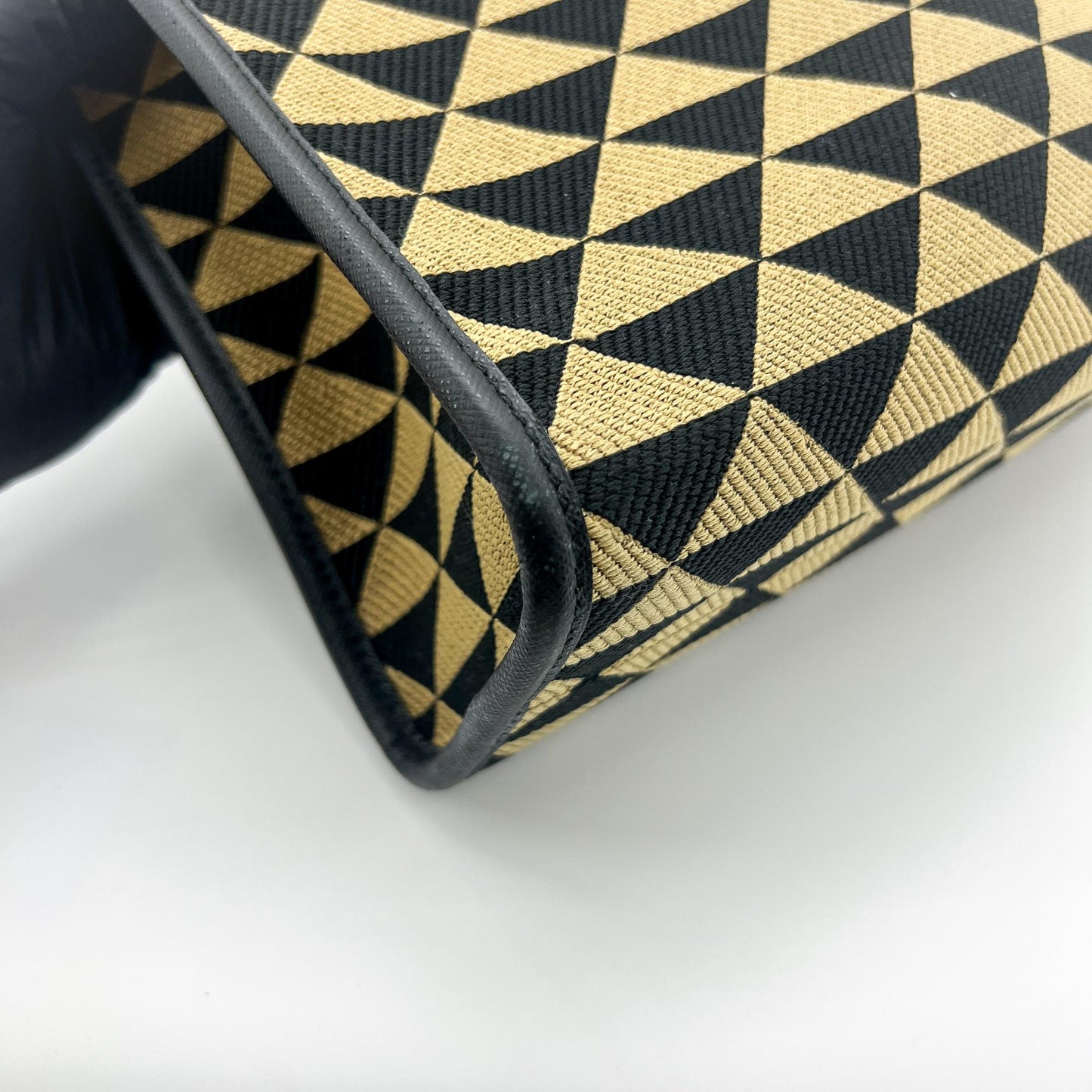 Prada Symbol Embroidered Fabric Large Tote Bag Black Beige