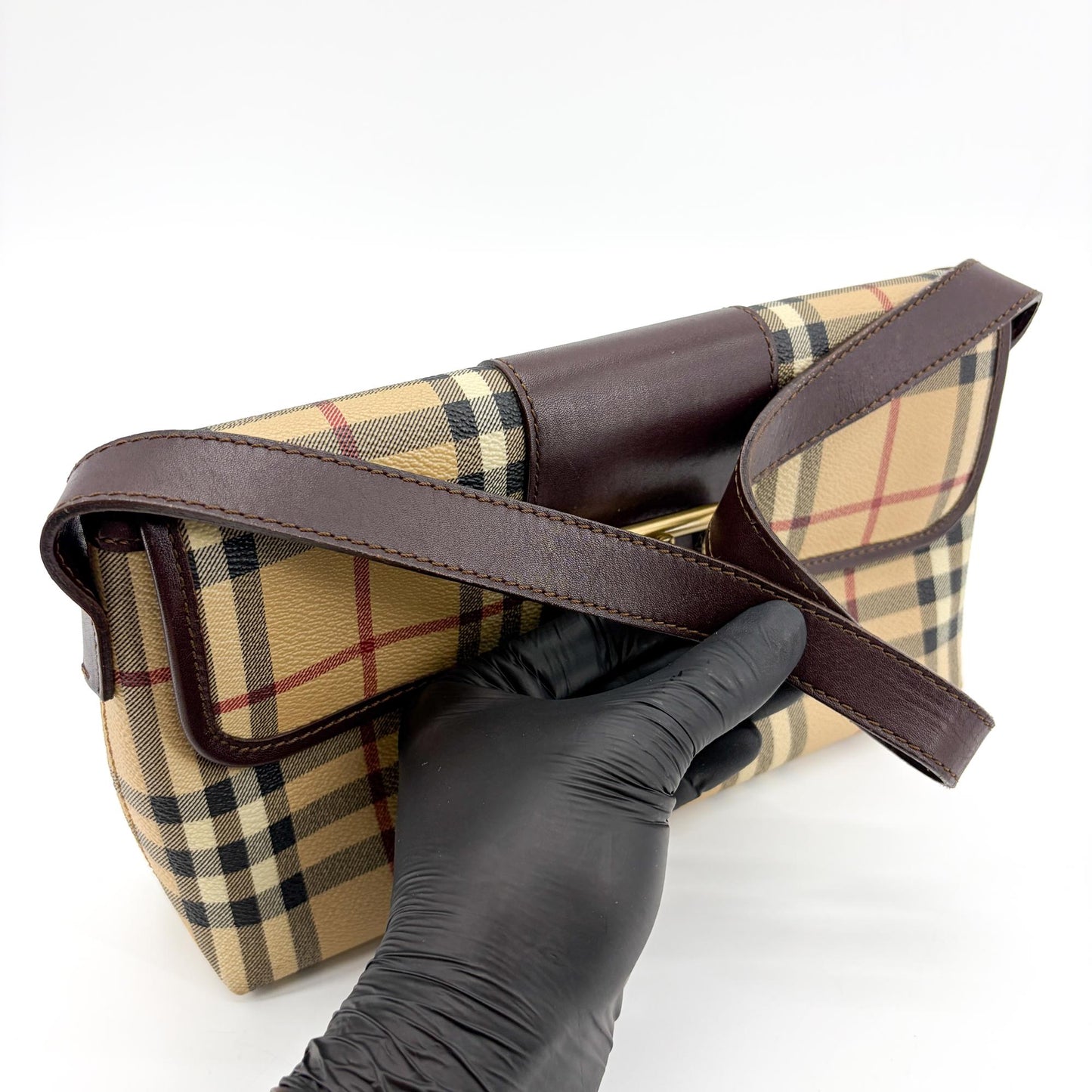 Burberry Nova Check Canvas Leather Buckle Shoulder Bag Beige Brown