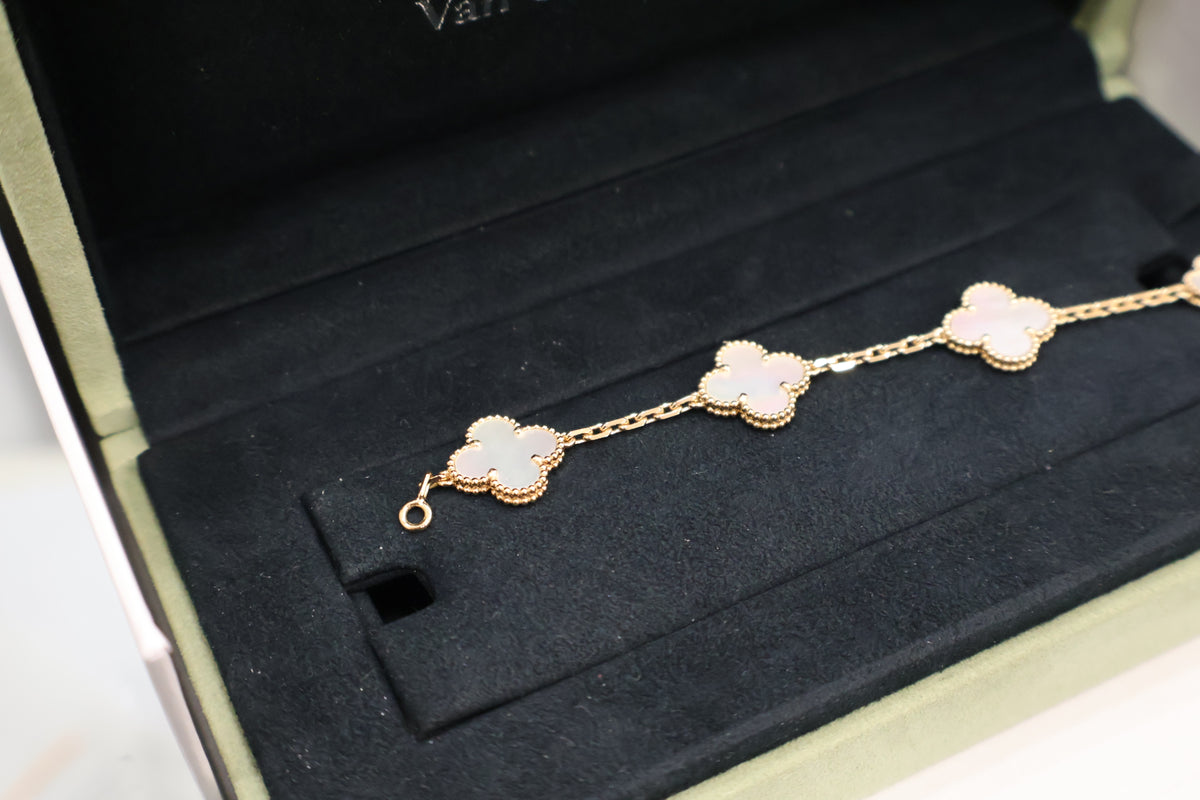 Vintage Alhambra 5-Motif 18K Yellow Gold Mother-of-Pearl Bracelet VCARPMV800