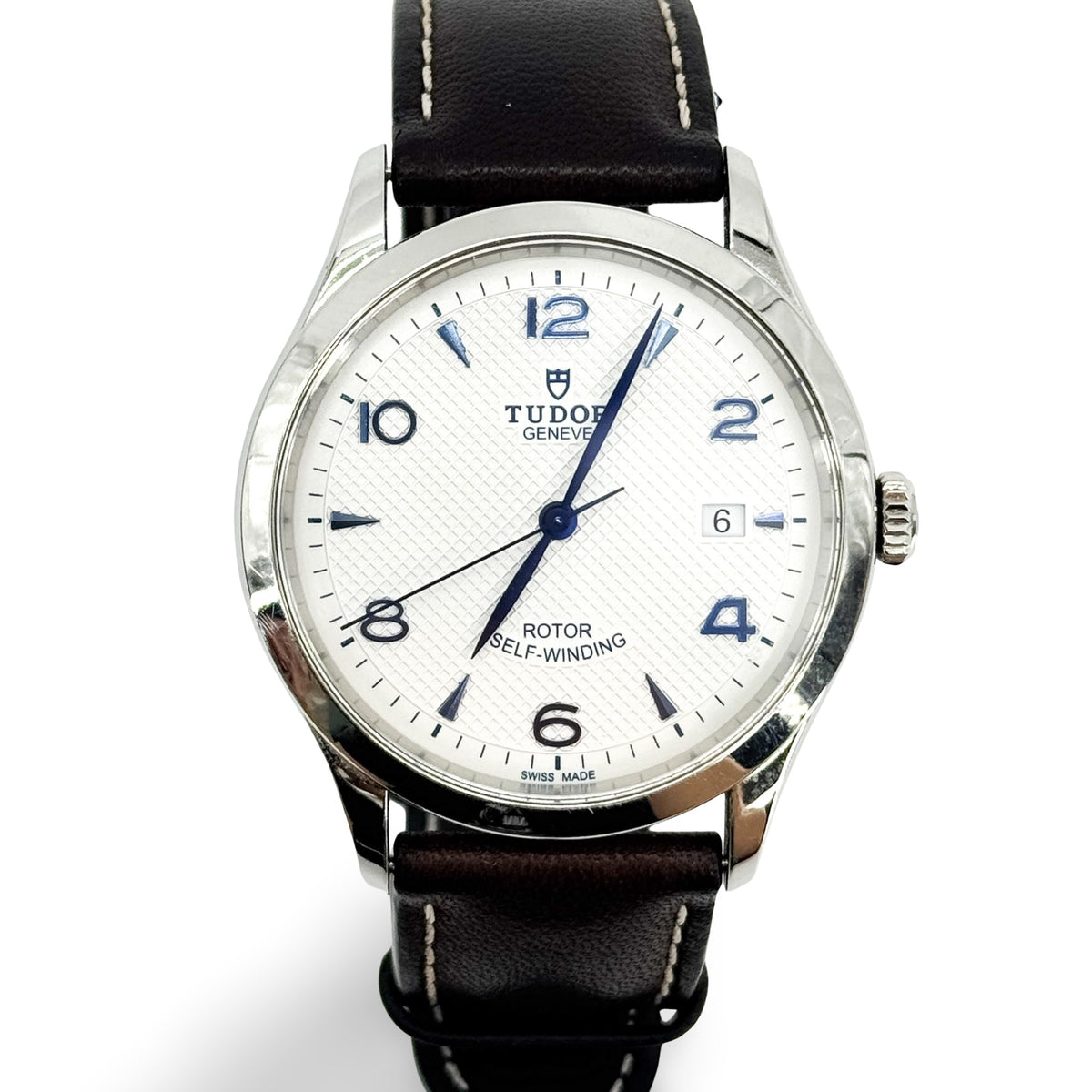 Tudor 1926 silver dial blue indices leather strap