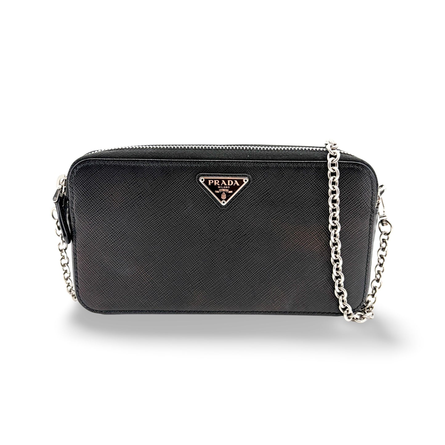 Prada Saffiano Leather Mini Chain Shoulder Bag Black