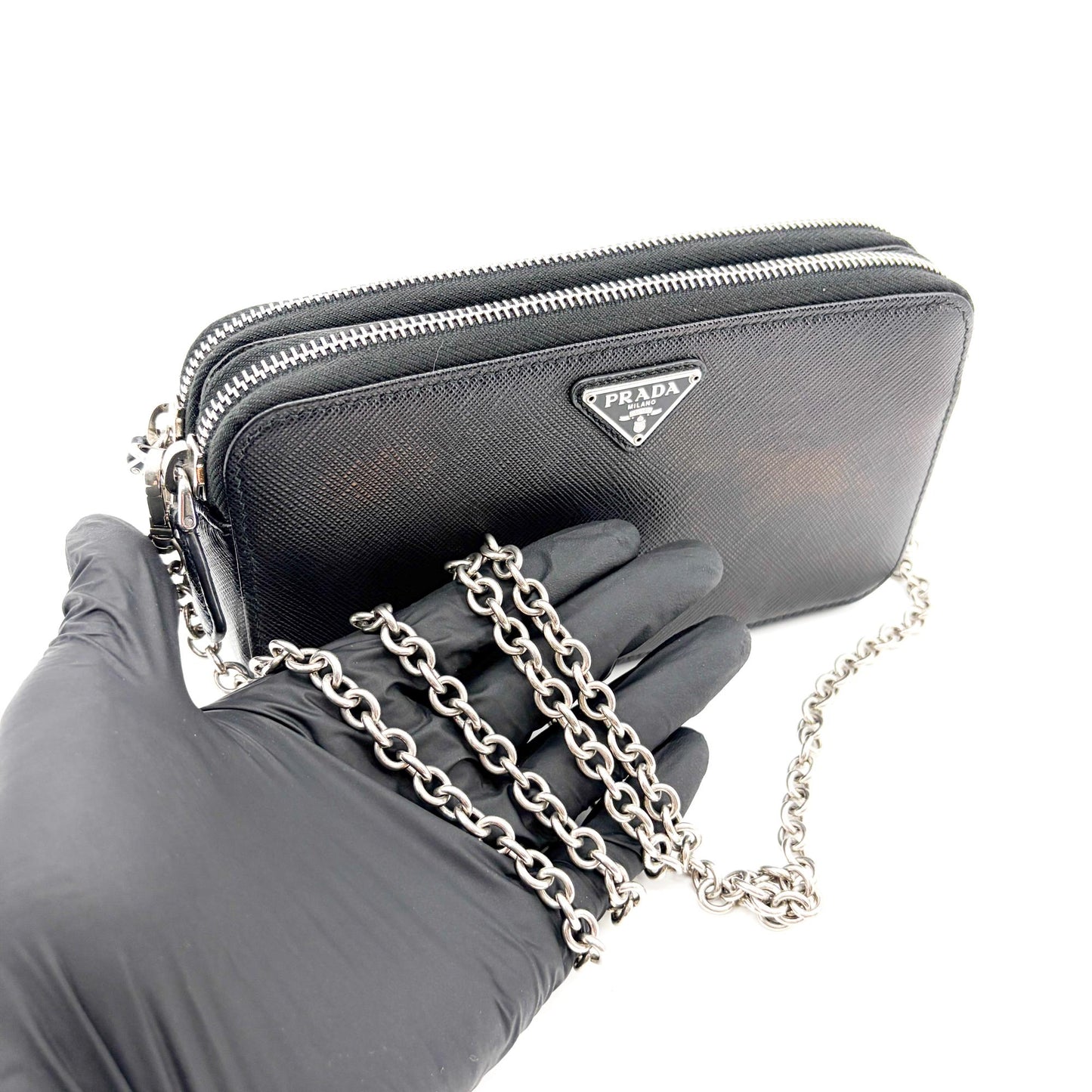 Prada Saffiano Leather Mini Chain Shoulder Bag Black