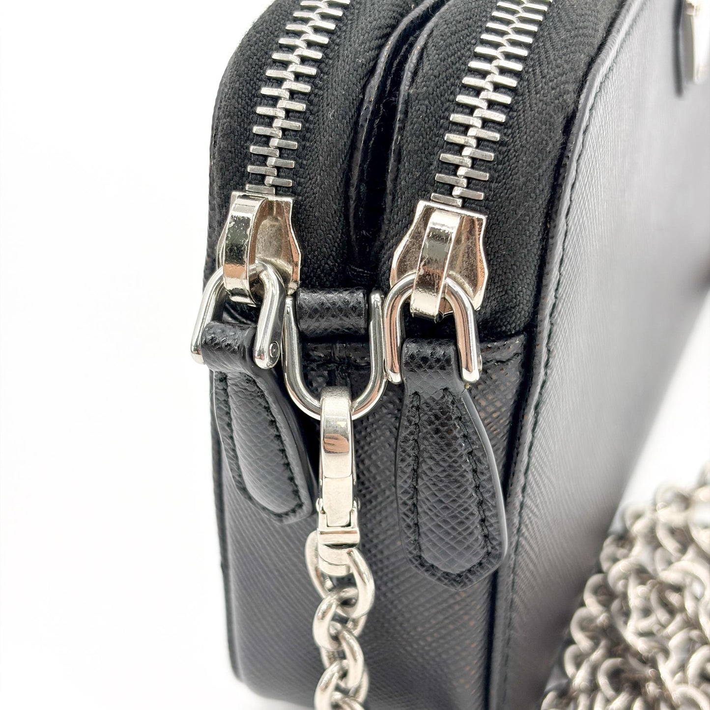Prada Saffiano Leather Mini Chain Shoulder Bag Black