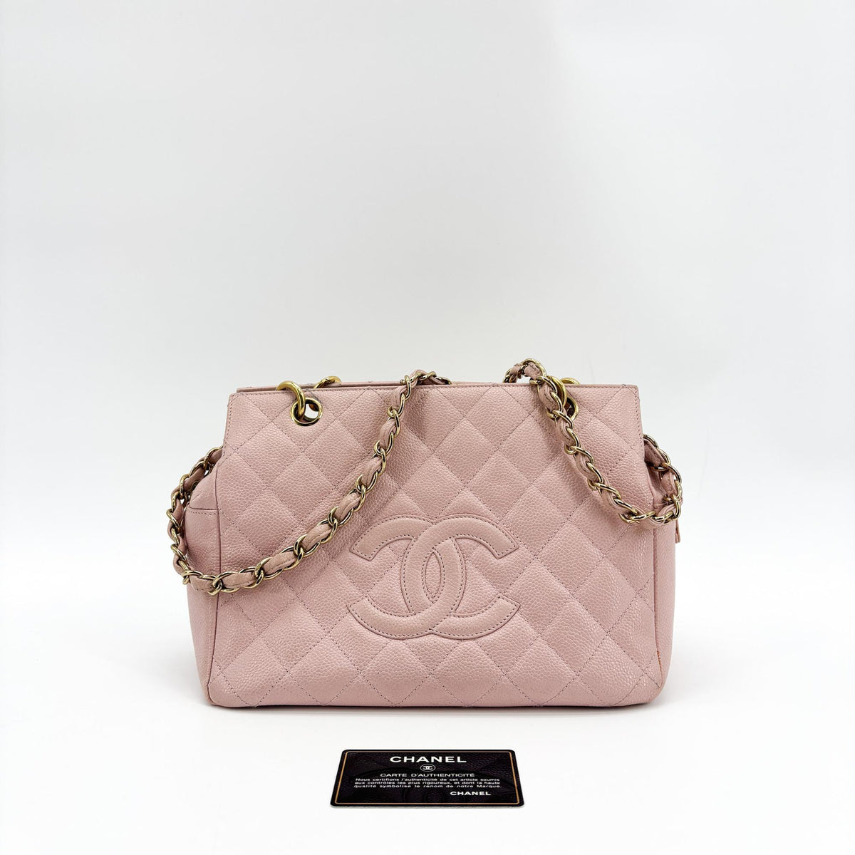 Chanel Quilted Caviar Petite Shopping Tote Bag Pink with Gold Hardware