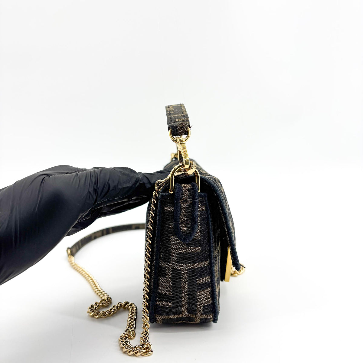 Fendi Mini Baguette FF Jacquard Shoulder Bag Brown