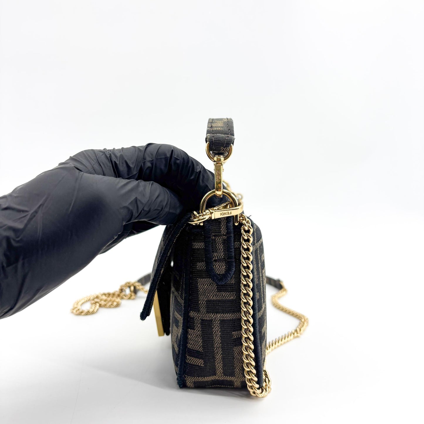 Fendi Mini Baguette FF Jacquard Shoulder Bag Brown