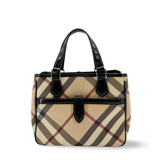 Burberry Nova Check Canvas and Black Patent Leather Small Tote Bag