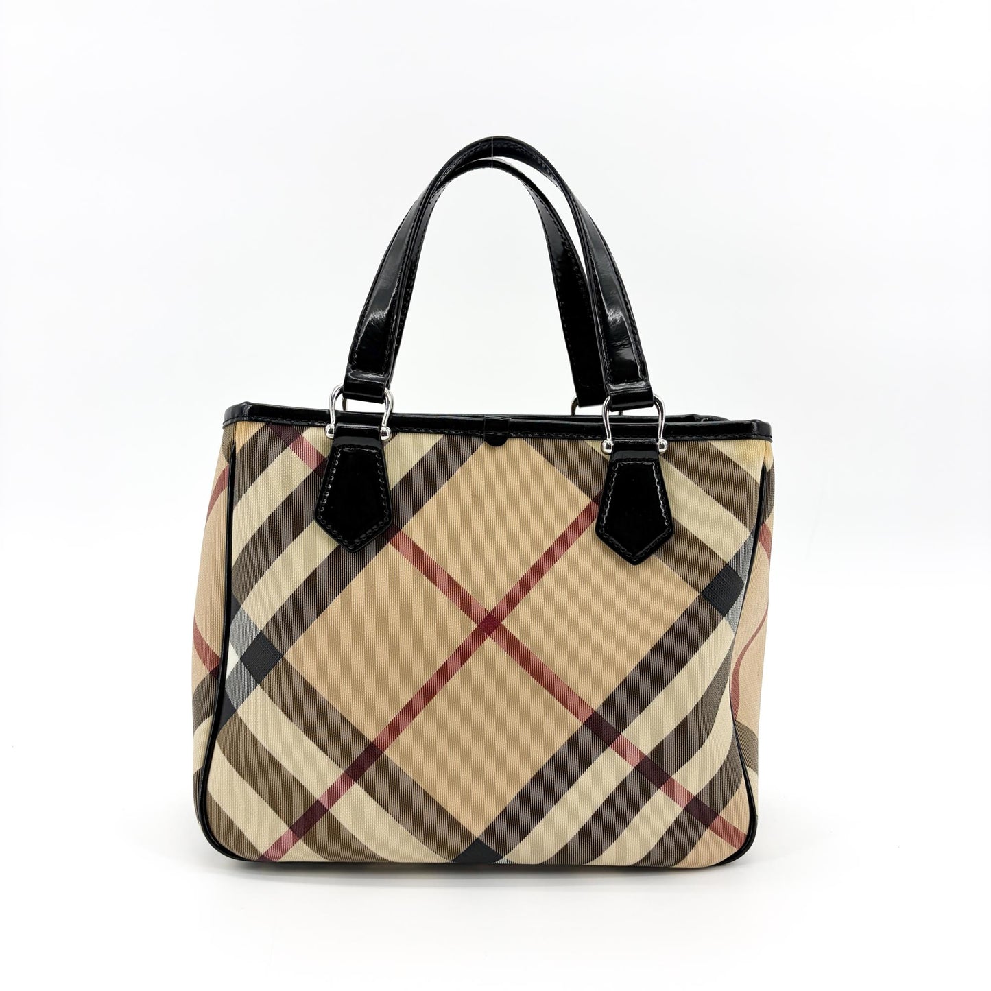 Burberry Nova Check Canvas and Black Patent Leather Small Tote Bag