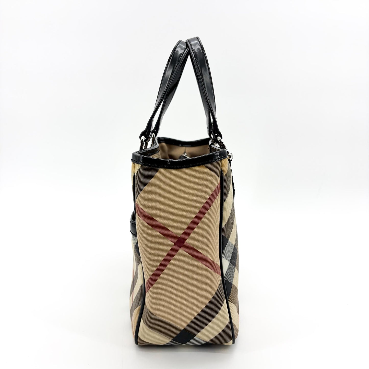 Burberry Nova Check Canvas and Black Patent Leather Small Tote Bag