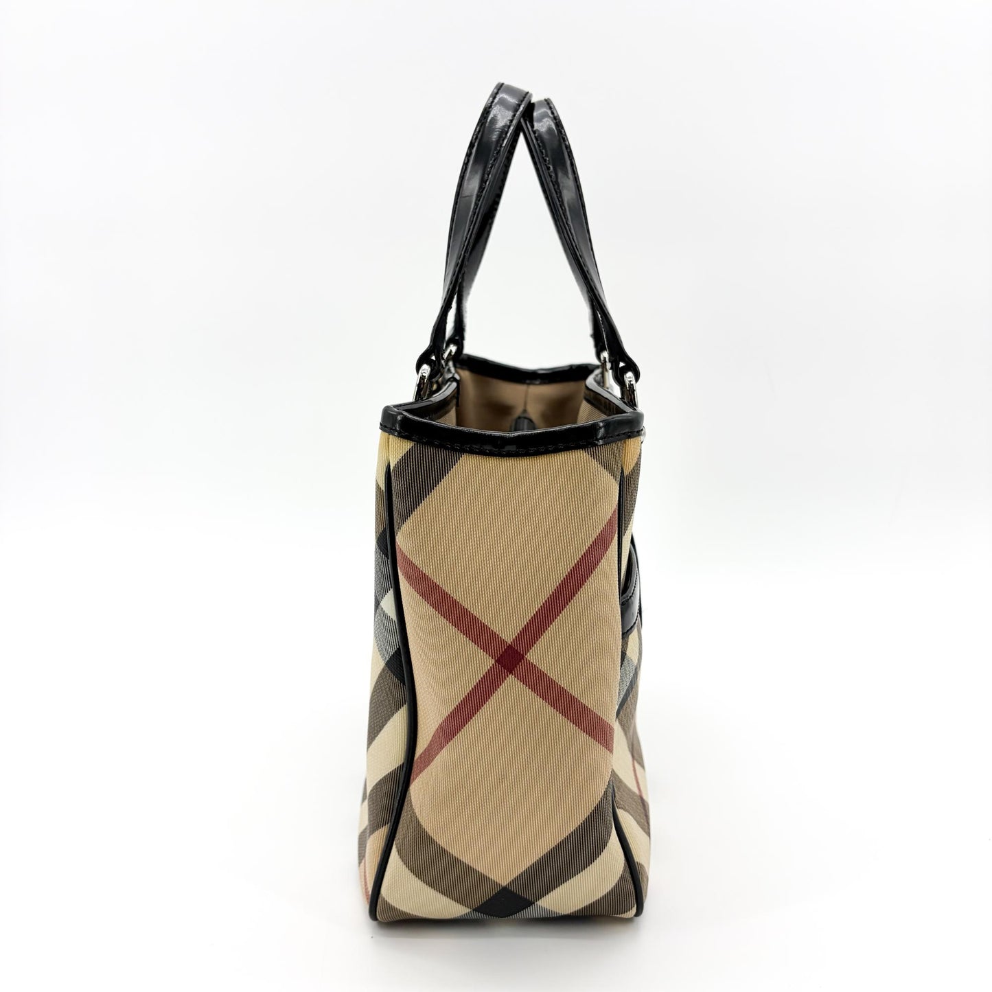 Burberry Nova Check Canvas and Black Patent Leather Small Tote Bag