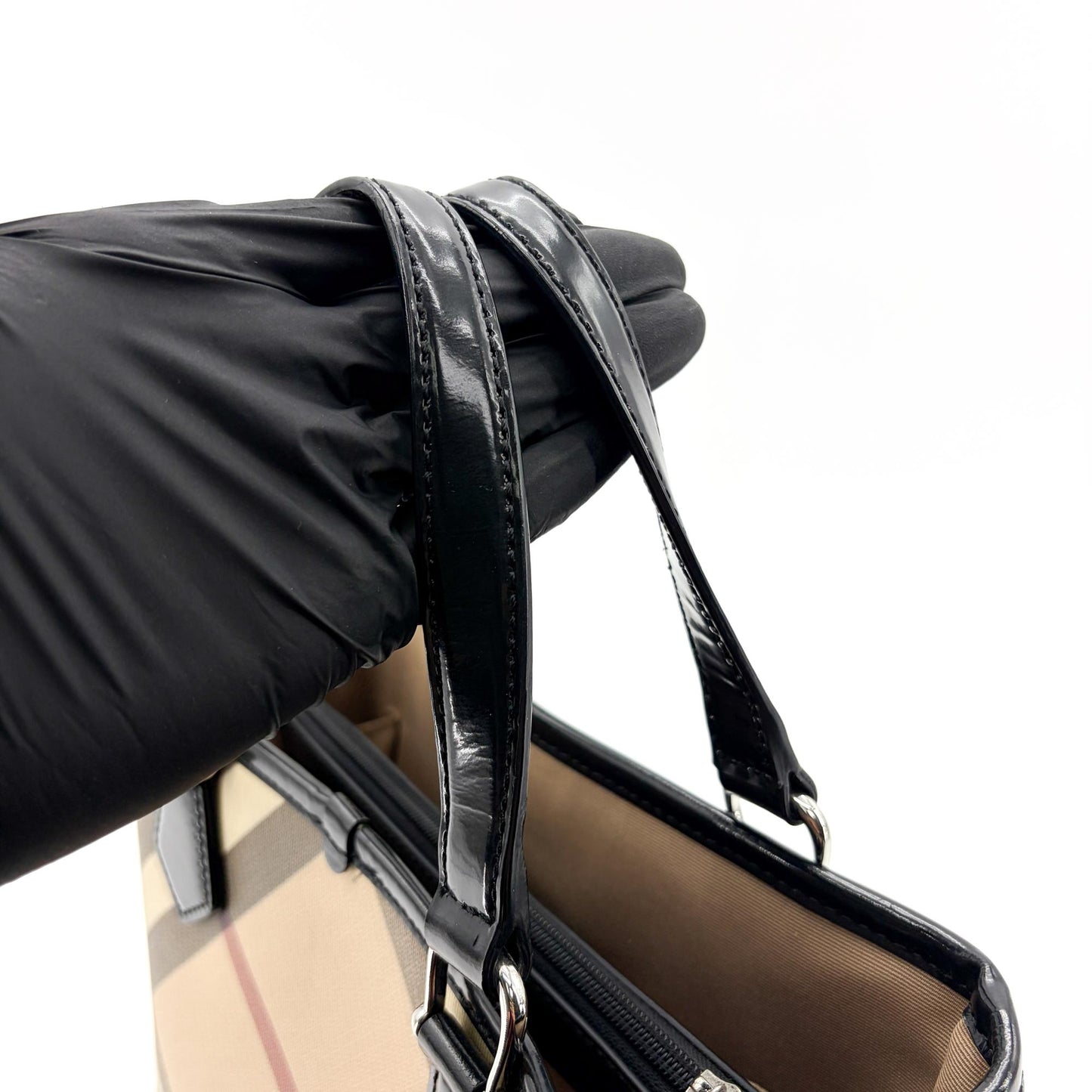 Burberry Nova Check Canvas and Black Patent Leather Small Tote Bag