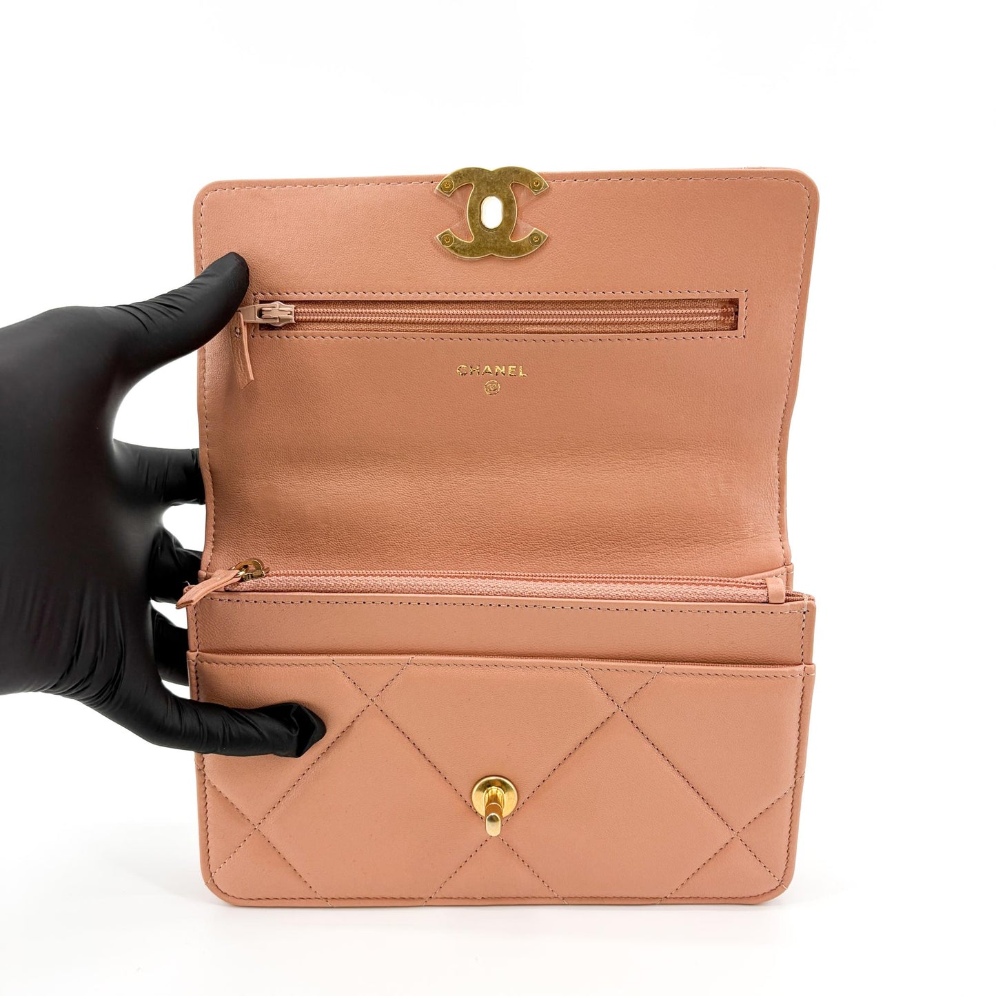 Chanel 19 WOC Chain Bag Pink Lambskin Gold Hardware Silver Hardware