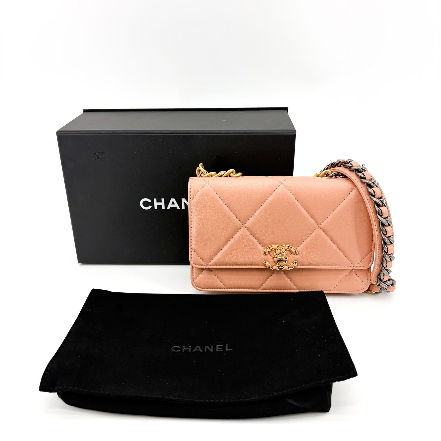 Chanel 19 WOC Chain Bag Pink Lambskin Gold Hardware Silver Hardware