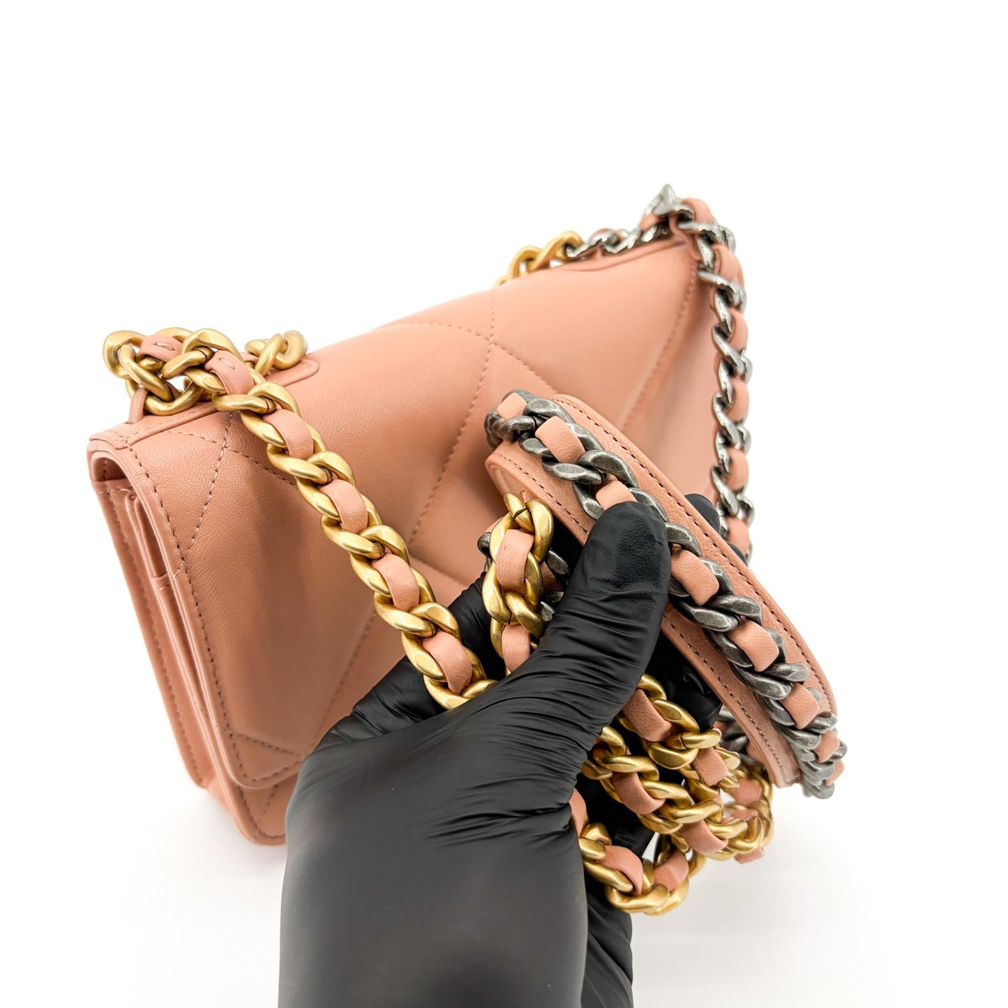 Chanel 19 WOC Chain Bag Pink Lambskin Gold Hardware Silver Hardware