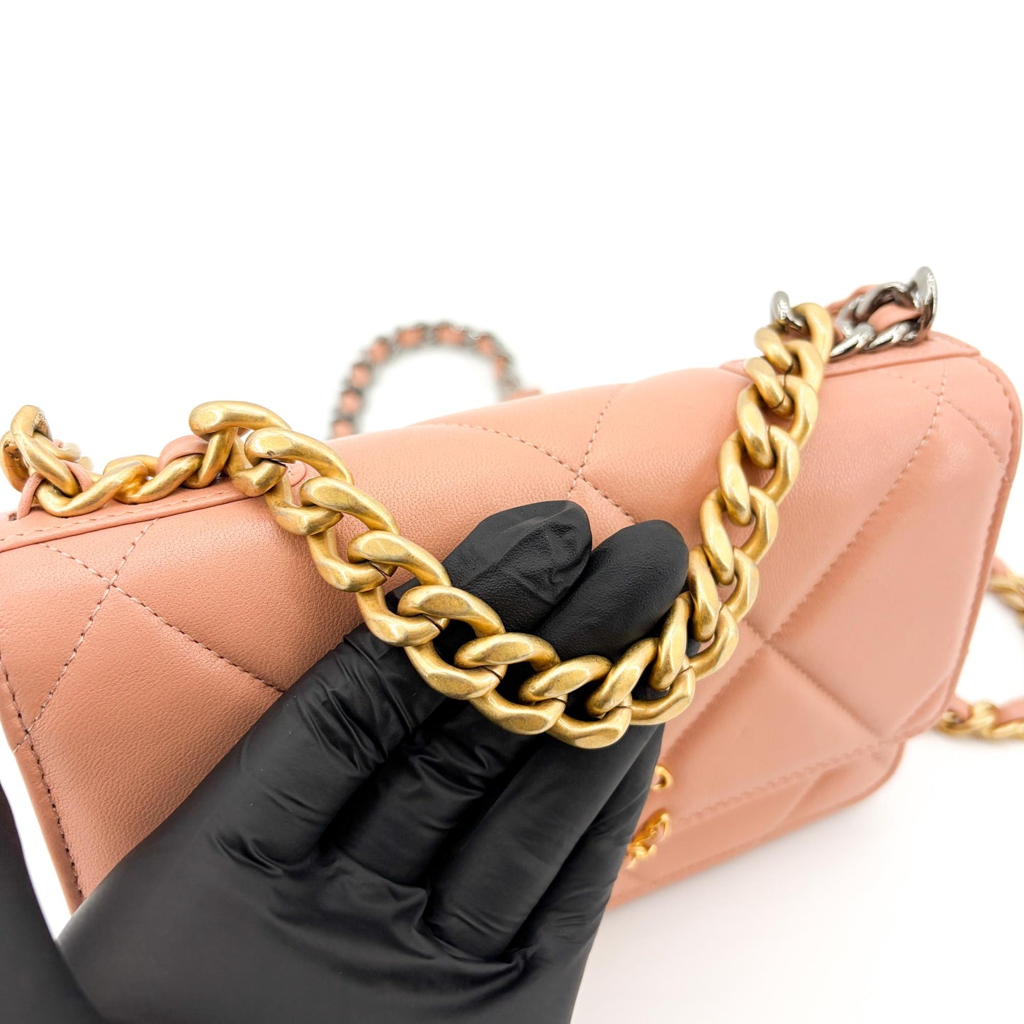 Chanel 19 WOC Chain Bag Pink Lambskin Gold Hardware Silver Hardware