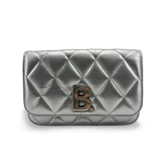 Sac porté épaule Balenciaga B. matelassé à chaîne métallisée argentée