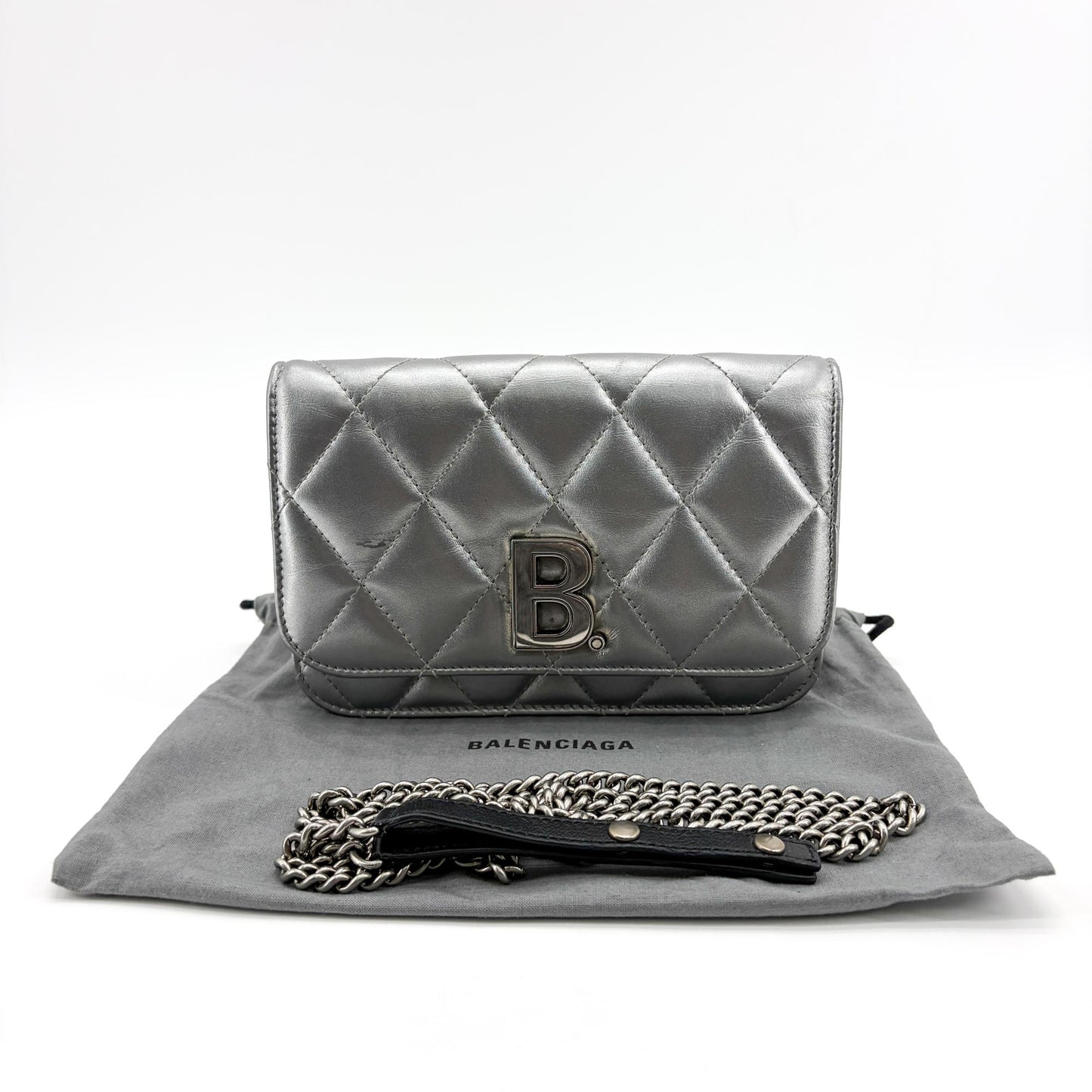 Balenciaga B. Quilted Metallic Chain Shoulder Bag Silver